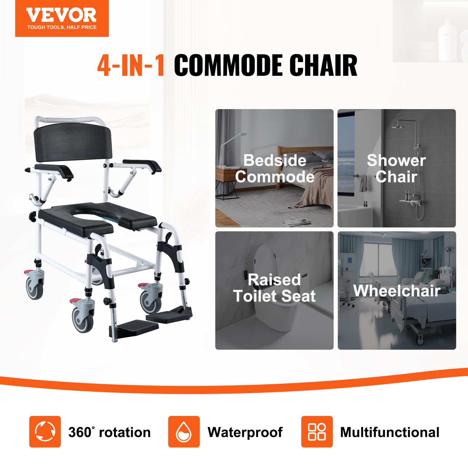 VEVOR Shower Commode Wheelchair with 4 Lockable Wheels & Adjustable Height - 350 LBS Capacity Commode Chair for Adults & Seniors - Ideal for Bathroom Safety, Elderly Care, and Post-Surgery Mobility Assistance