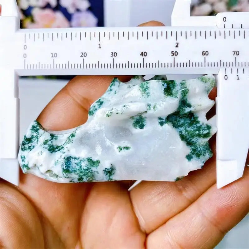 6.3CM Natural Moss Agate Dragon Skull Carved Crystal Statue - Healing Stone, Feng Shui Decor, Reiki Energy Gift - Perfect for Meditation, Home Office Decor & Spiritual Collection (1 Piece)