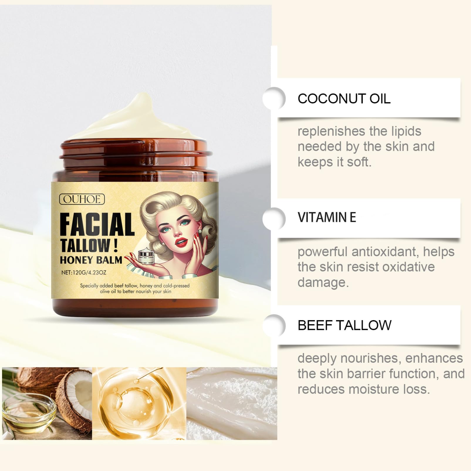 Grass-Fed Beef Tallow & Raw Honey Face Balm - Nourishing Moisturizer for Dry Skin - Hydrating Anti-Aging Body Butter - Organic Skincare for Face & Body - Perfect for Night Routine & Winter Care