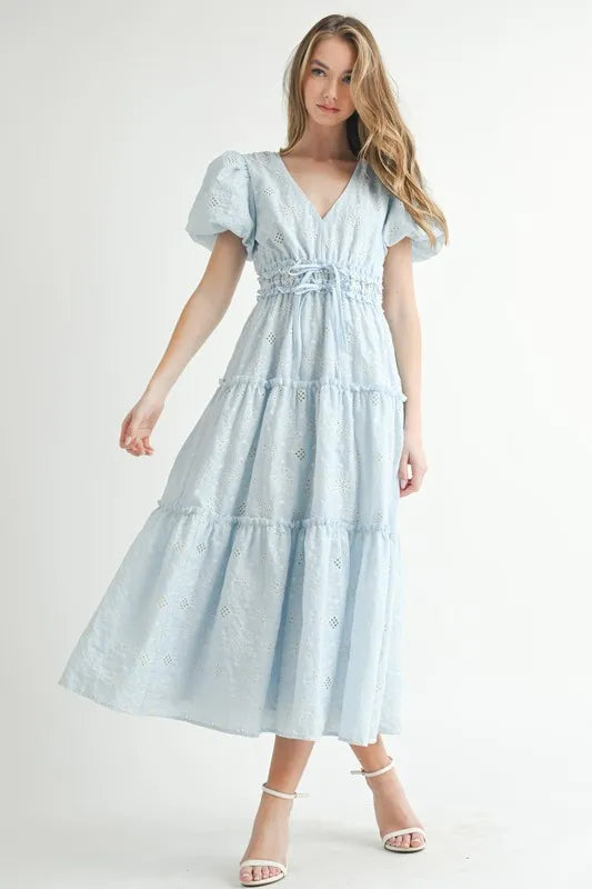 Light Blue Puff Sleeve V-Neck Midi Summer Dress - Flowy Casual Sundress for Beach, Vacation & Date Night