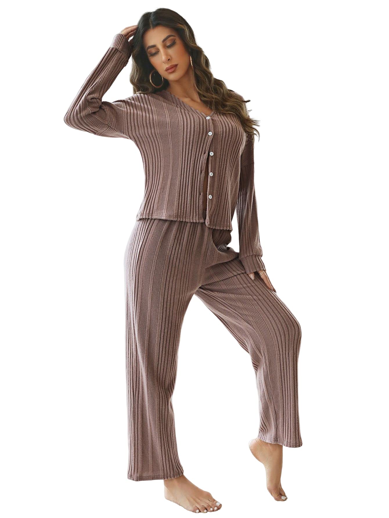 SHENHE Women's 2 Piece V-Neck Pajama Set - Button Down Long Sleeve Sleepwear & Lounge Outfit - Soft Comfortable Nightwear for Relaxing at Home or Sleeping