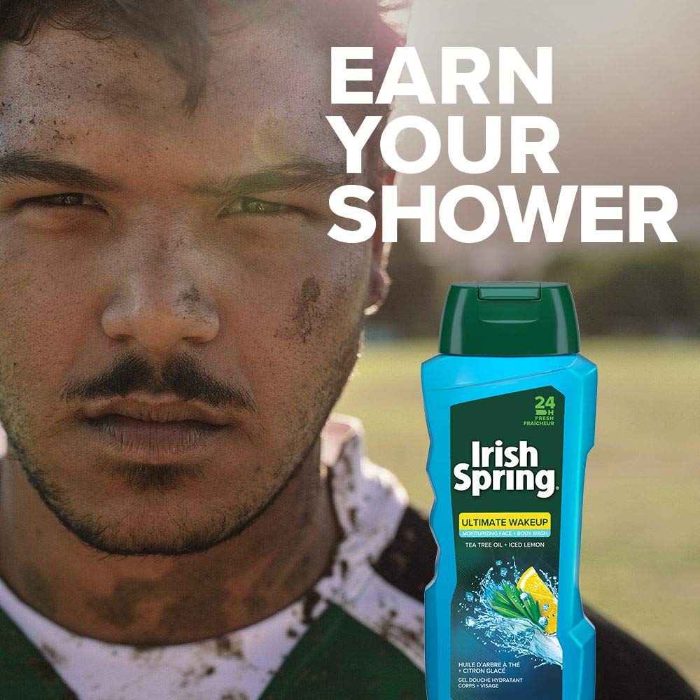 Irish Spring Ultimate Wake Up Tea Tree Face & Body Wash for Men - Moisturizing & Antibacterial Body Wash (18 fl oz, 4 Pack) - Refreshing Shower Gel for Gym, Workout & Daily Use
