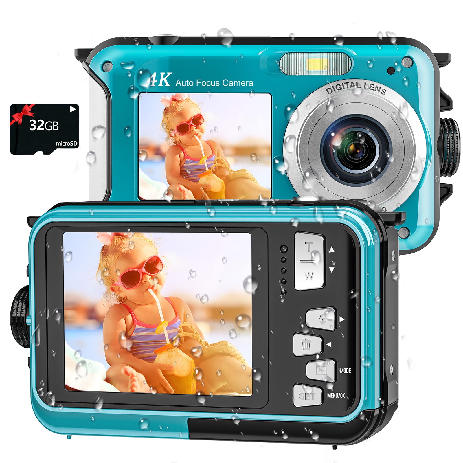4K Underwater Camera 11FT Waterproof Digital Camera with 32GB Card, 56MP Autofocus & Dual-Screen Selfie - Compact Floatable Action Camera for Snorkeling, Scuba Diving, Swimming & Beach Vacations (Blue, 1250mAh Battery, Type-C Charging)
