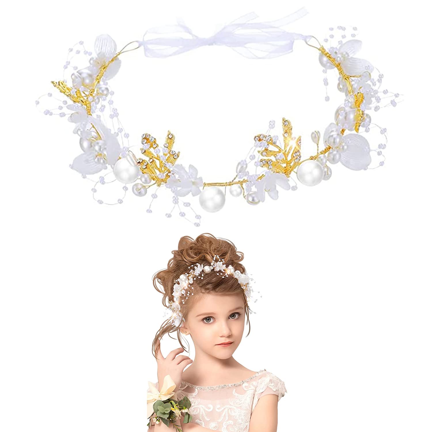 DRERIO Delicate Pearl Flower Girl Headband - Fairy Floral Wedding Hair Accessories, White Crystal Head Vines Crown for Bridesmaids, Flower Girls - Perfect for Weddings, Christmas, Festivals & Special Occasions