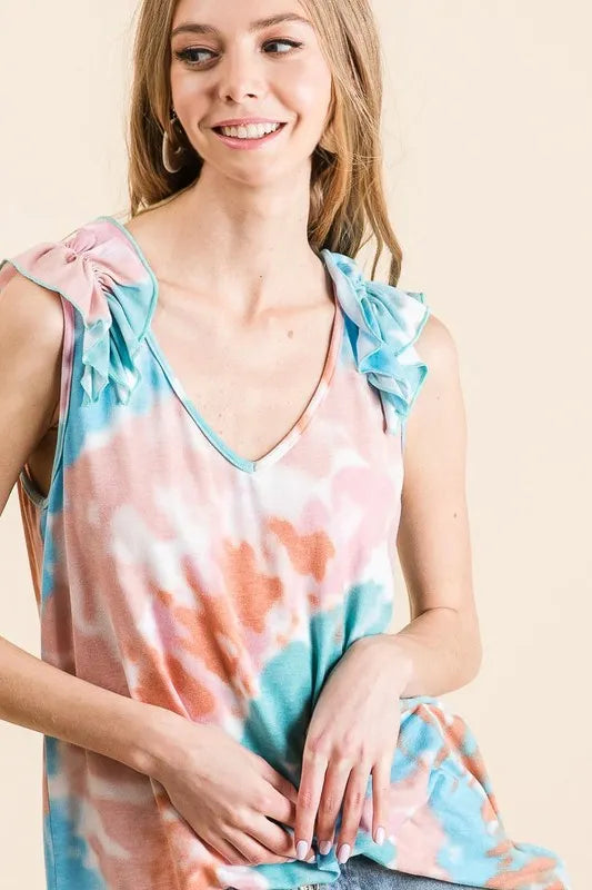 BiBi Circular Tie Dye Knit V Neck Top With Ruffle - Stylish Boho Women's Blouse for Summer, Beach, and Casual Outings