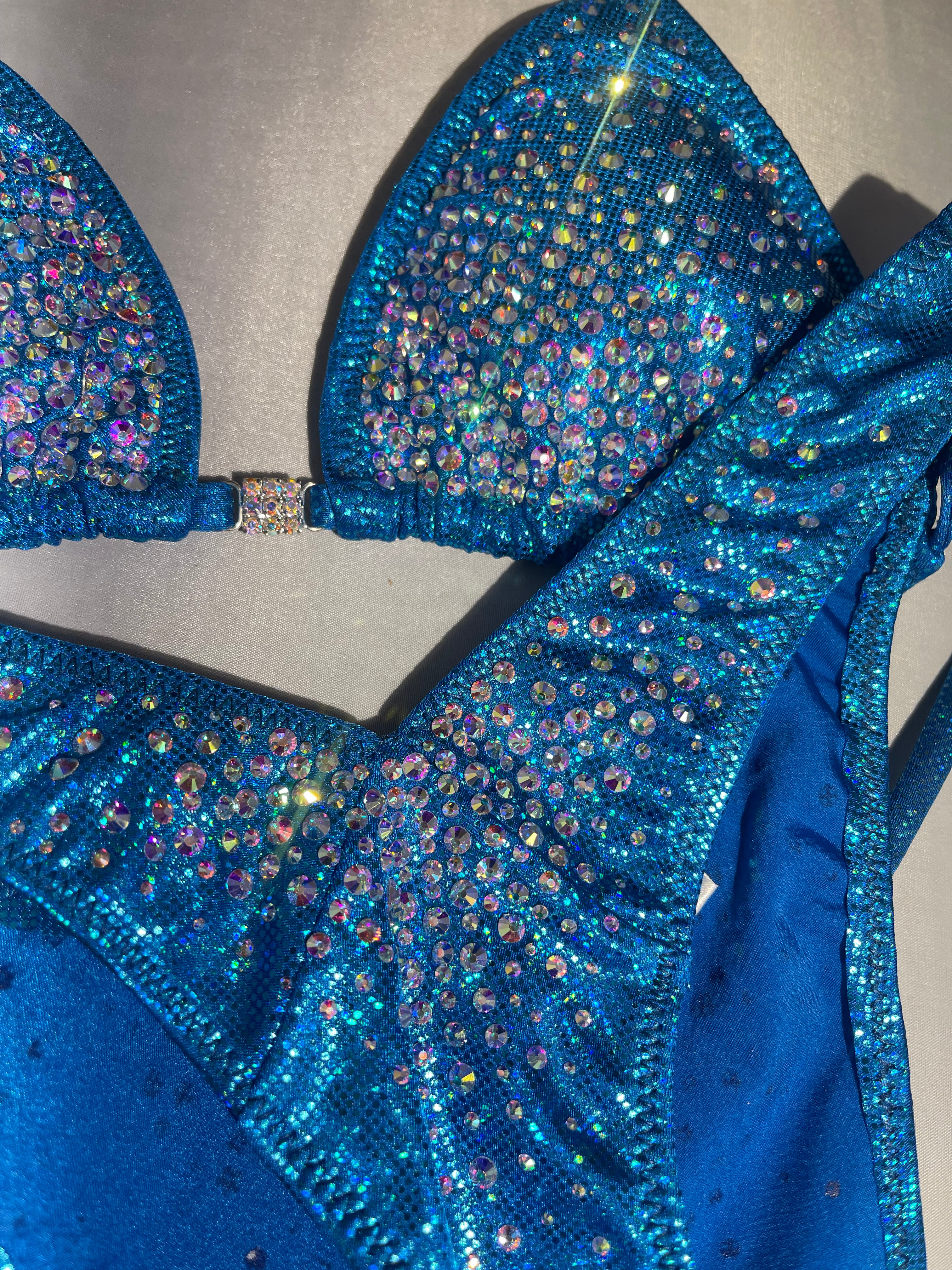 Stunning Turquoise Shattered Glass AB Rhinestone Burst Figure Physique Bodybuilding Posing Suit - Competition, Stage Performance, Fitness Shows