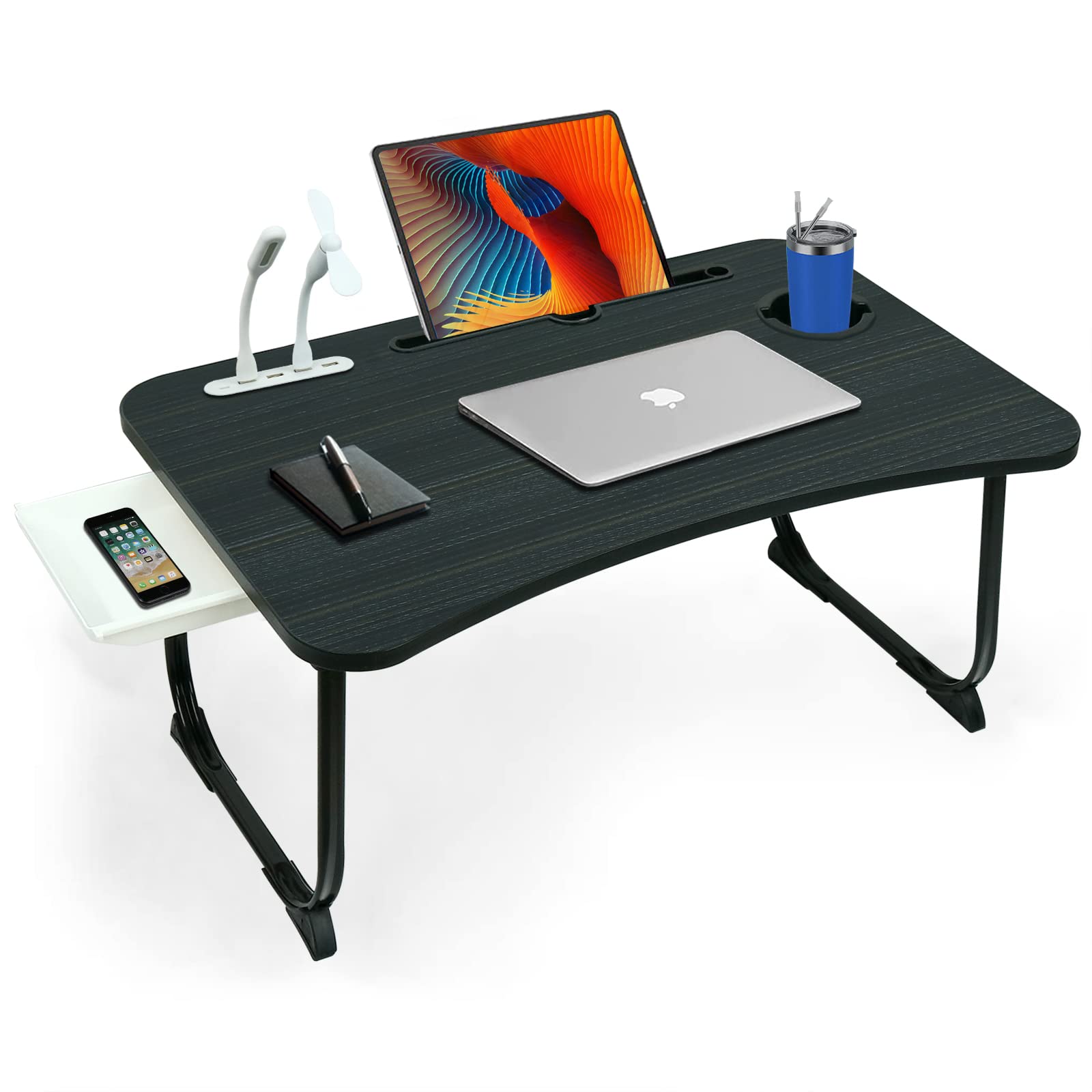Fayquaze Portable Foldable Laptop Bed Desk with USB Charging Port, Storage Drawer & Cup Holder - Adjustable Lap Desk for Working, Eating, Reading in Bed, Office, Dorm or Living Room