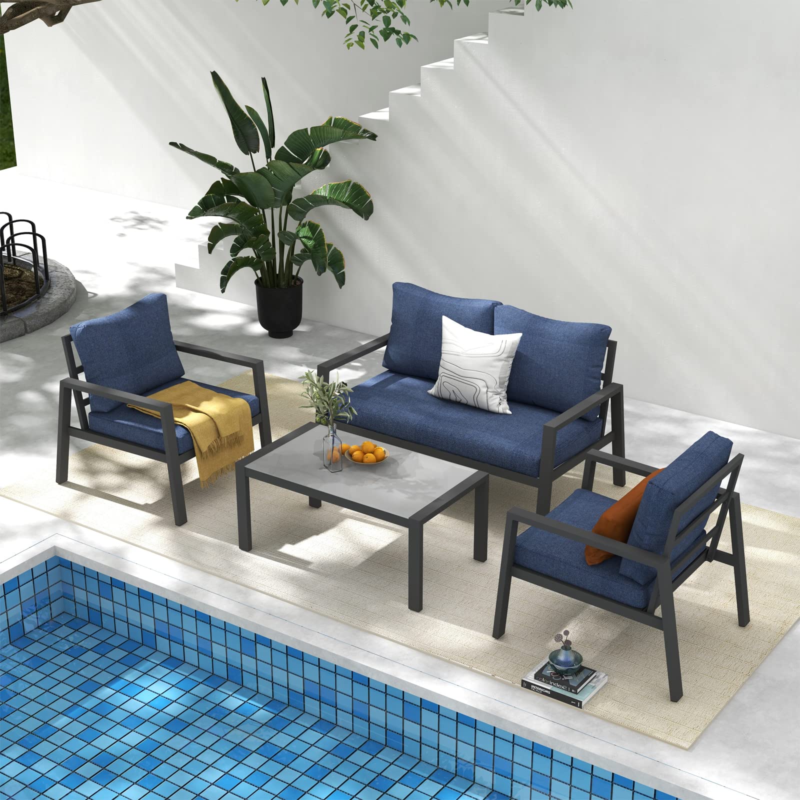 Soleil Jardin 4-Piece Aluminum Outdoor Patio Furniture Set with Removable Cushions & Tempered Glass Coffee Table - Dark Grey Frame & Denim Blue Cushions - Perfect for Garden, Backyard, Poolside & Patio Relaxation