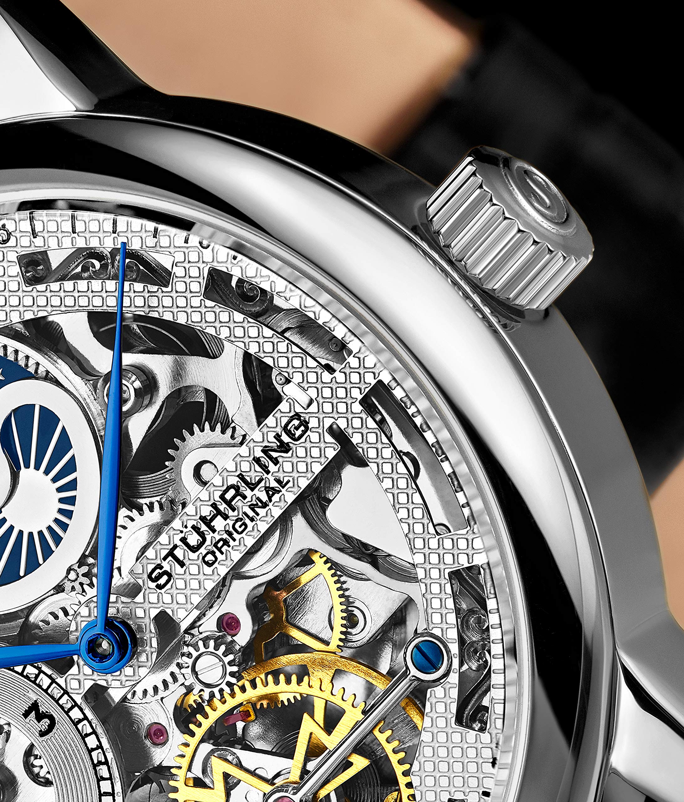 Stuhrling Original Men's Skeleton Automatic Watch - Dual Time, AM/PM Sun Moon Display, Genuine Leather Band, Legacy Collection | Perfect for Business, Formal Events & Gift Giving