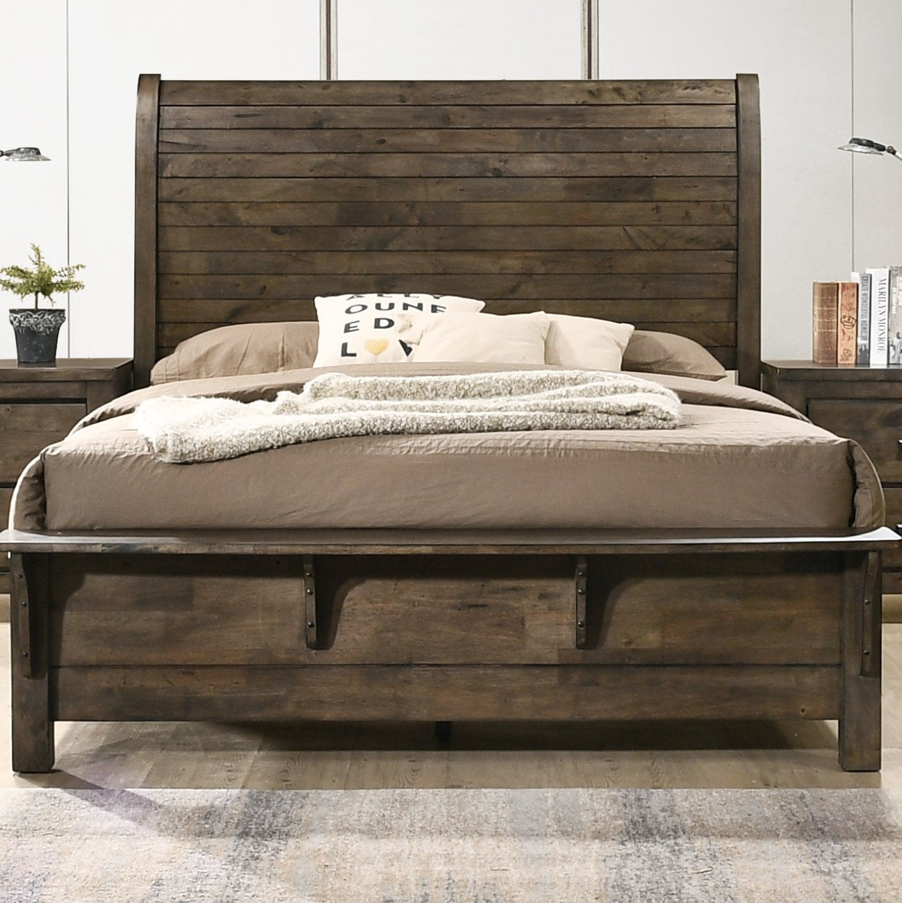 Pavita Rustic Wood Sleigh Bed Frame - Queen Size Solid Pine Wood Platform Bed with Headboard - Perfect for Farmhouse, Cottage & Cozy Bedroom Decor