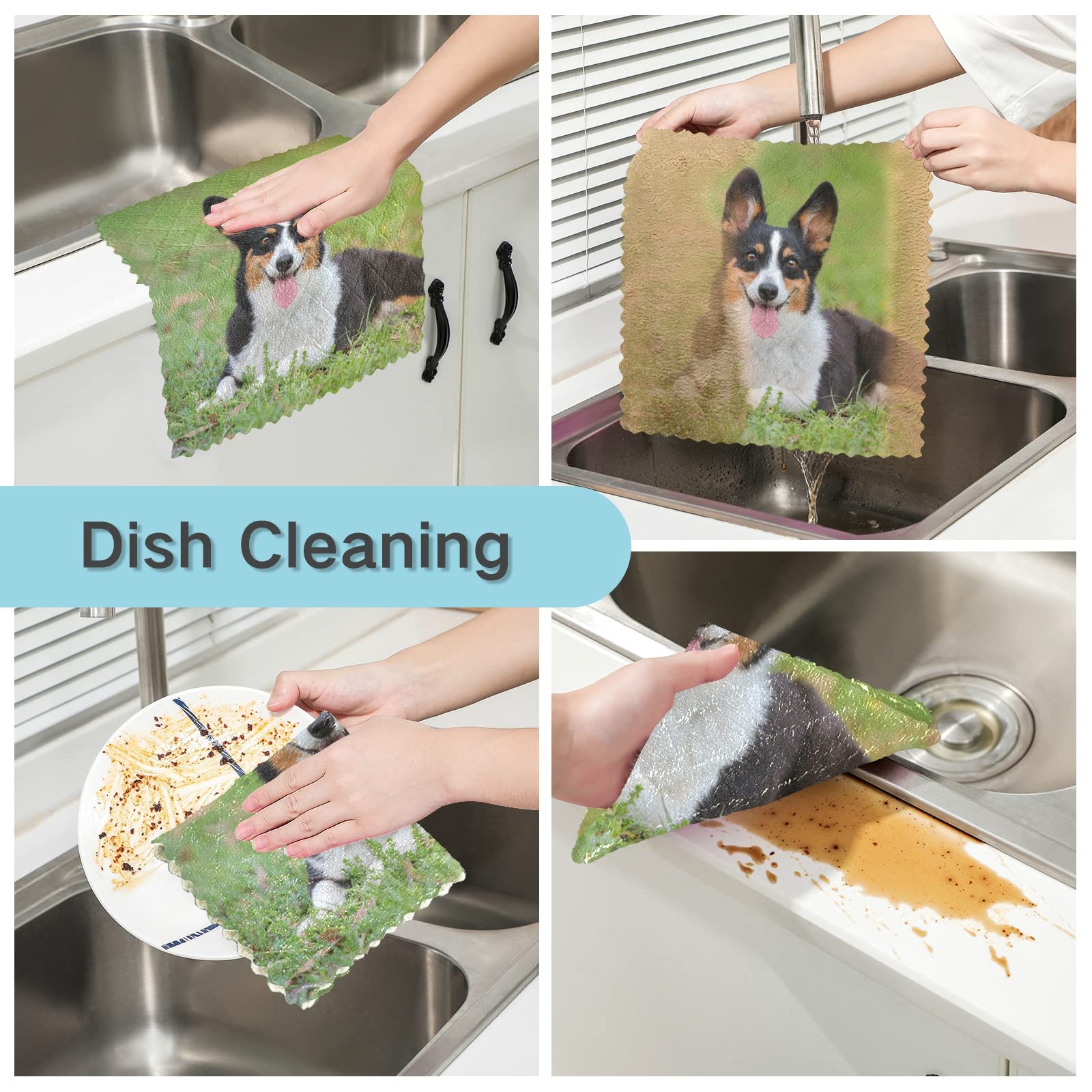 SUABO 6 Pack Welsh Corgi Kitchen Towels - Absorbent Reusable Cleaning Cloths for Dishes, Countertops & Household Chores | Cute Dog Design Home Decor Gift