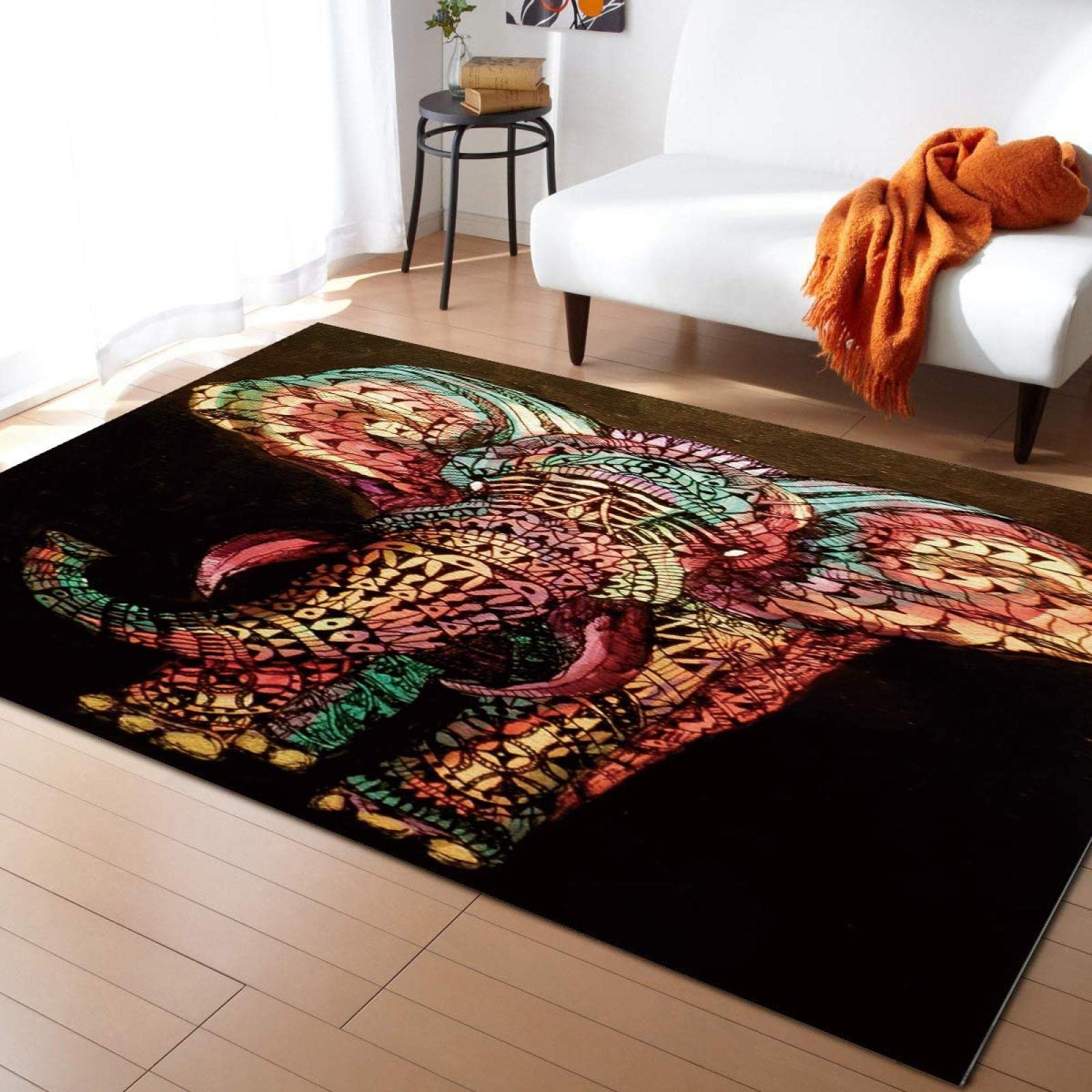 Colorful Elephant Bohemian Area Rug - Soft Washable Mandala Indian Traditional Carpet for Nursery, Kids Room, Living Room Decor (6.6' x 5.3') - Perfect for Playrooms, Bedrooms & Boho Home Decor