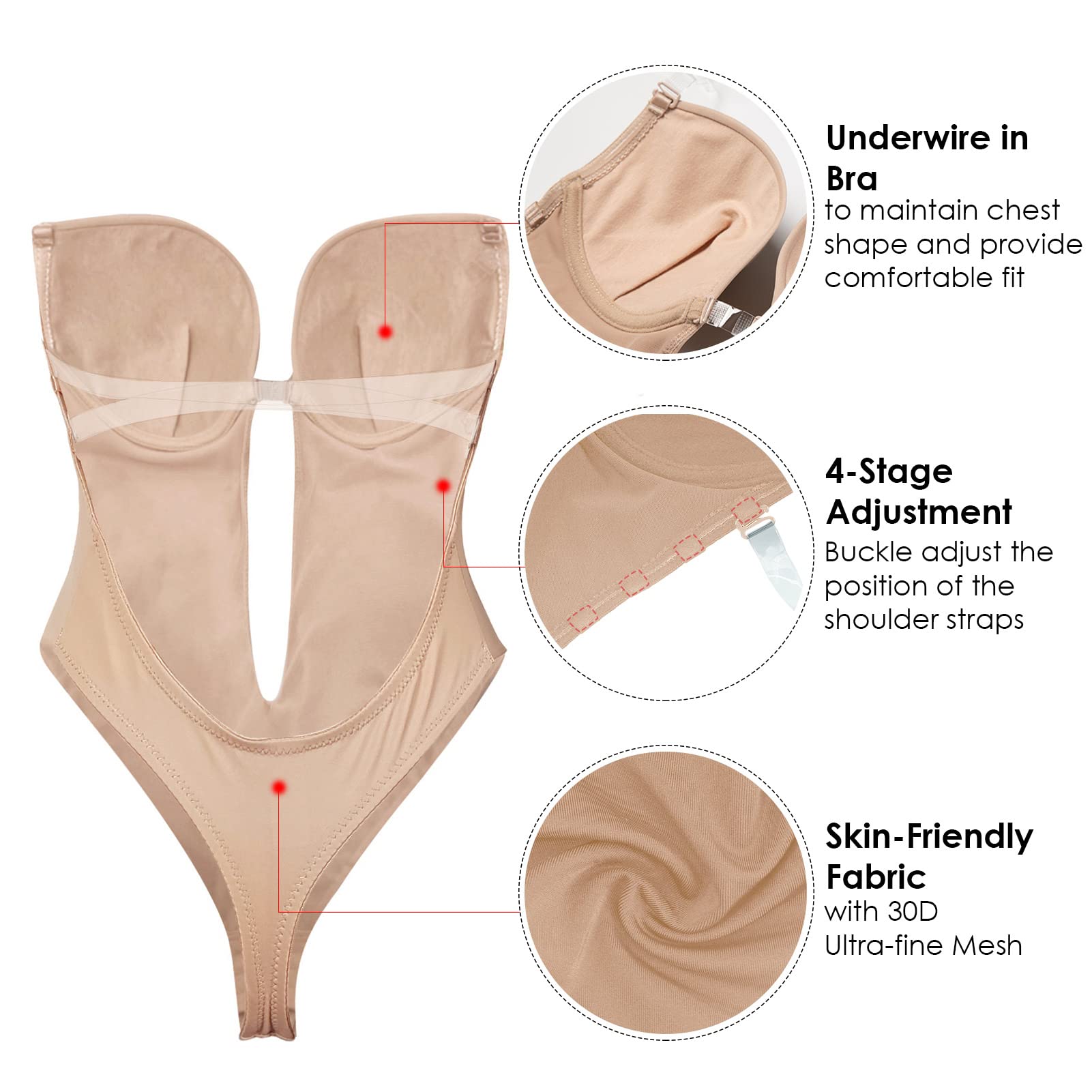 Aivtalk Women's Invisible Shapewear Plunge Backless Bodysuit - Tummy Control Slimming Underwear for Everyday Wear & Special Occasions