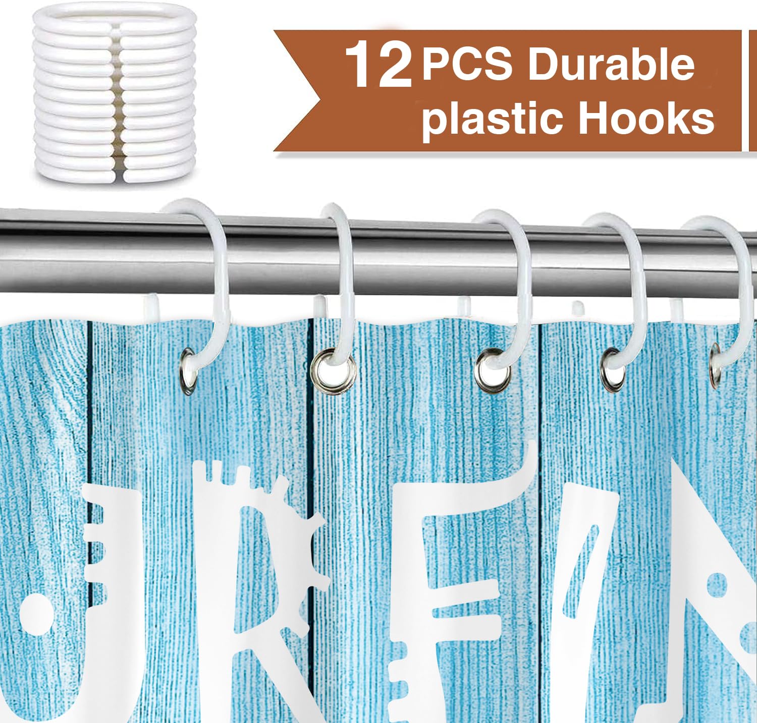 JAWO Beach Shower Curtain - Tropical Surfboard & Palm Tree Design on Teal Blue Rustic Wooden Plank Fabric Bathroom Decor - 69x70 Inches with Hooks - Perfect for Coastal, Nautical & Beach-Themed Bathrooms