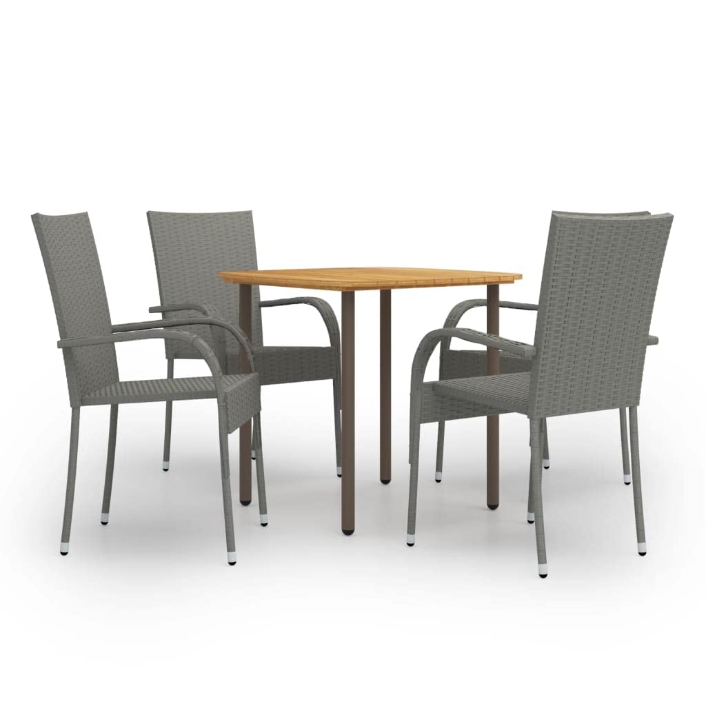 5-Piece Patio Dining Set with Poly Rattan Chairs & Acacia Wood Table - Weather-Resistant Outdoor Furniture for Backyard, Garden, Poolside - Stackable Gray Patio Set for Small Spaces