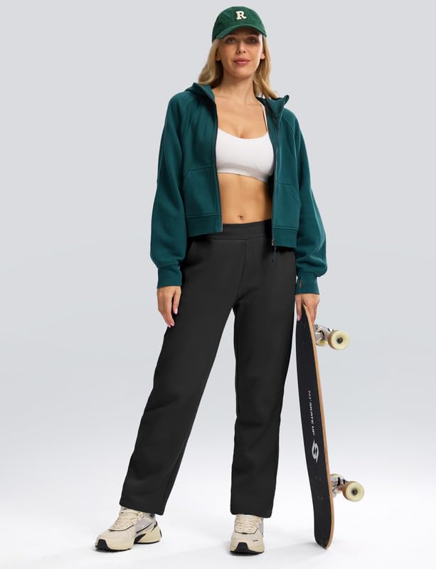 SANTINY Women's Fleece Lined Sweatpants - Soft Cotton Straight Leg Pants with Pockets & Drawstring Waist - Warm Winter Lounge Pants for Women - Perfect for Home, Yoga, Running Errands & Casual Outings