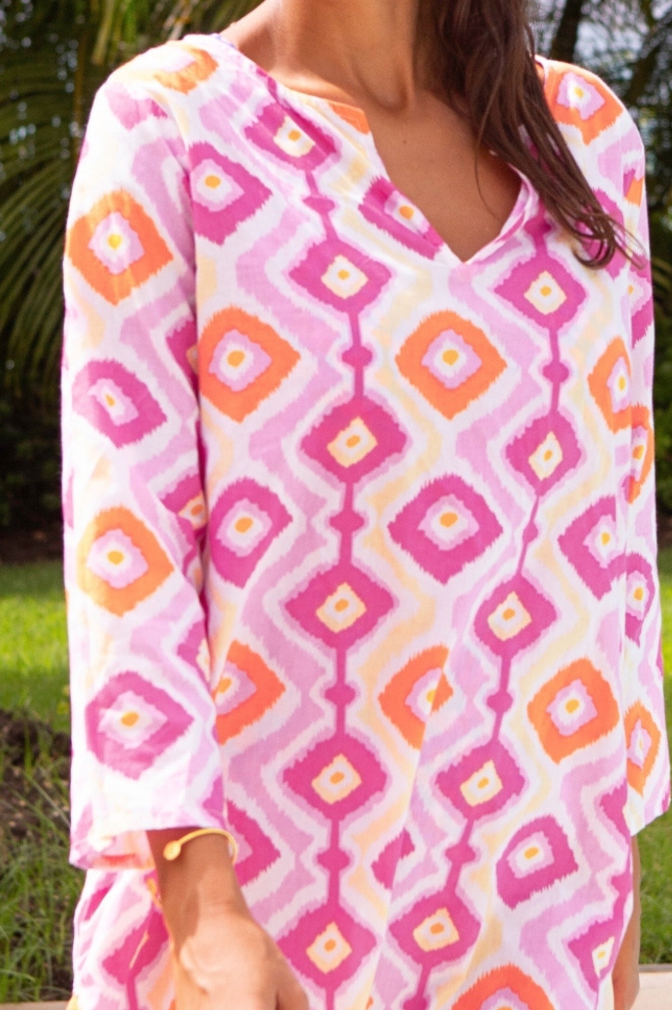 Guadalupe Organic Cotton Short Tunic - Diamond Ikat Print in Pink & Yellow | Boho Chic Summer Top for Beach, Vacation & Casual Outfits