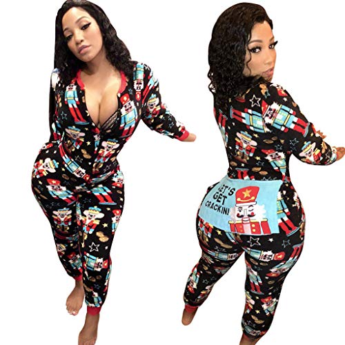 Women's Christmas Printed Long Sleeve Jumpsuit with Zipper - Festive Holiday Pajamas for Women, Cozy Winter Sleepwear & Christmas Party Outfit
