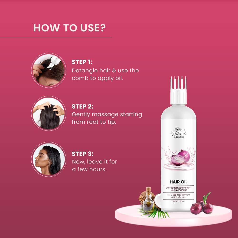Organic Onion & Virgin Coconut Hair Oil for Silky Strong Hair Growth | Reduces Hair Fall with Comb Applicator | 100ml Bottle | Perfect for Daily Hair Care & Scalp Massage at Home