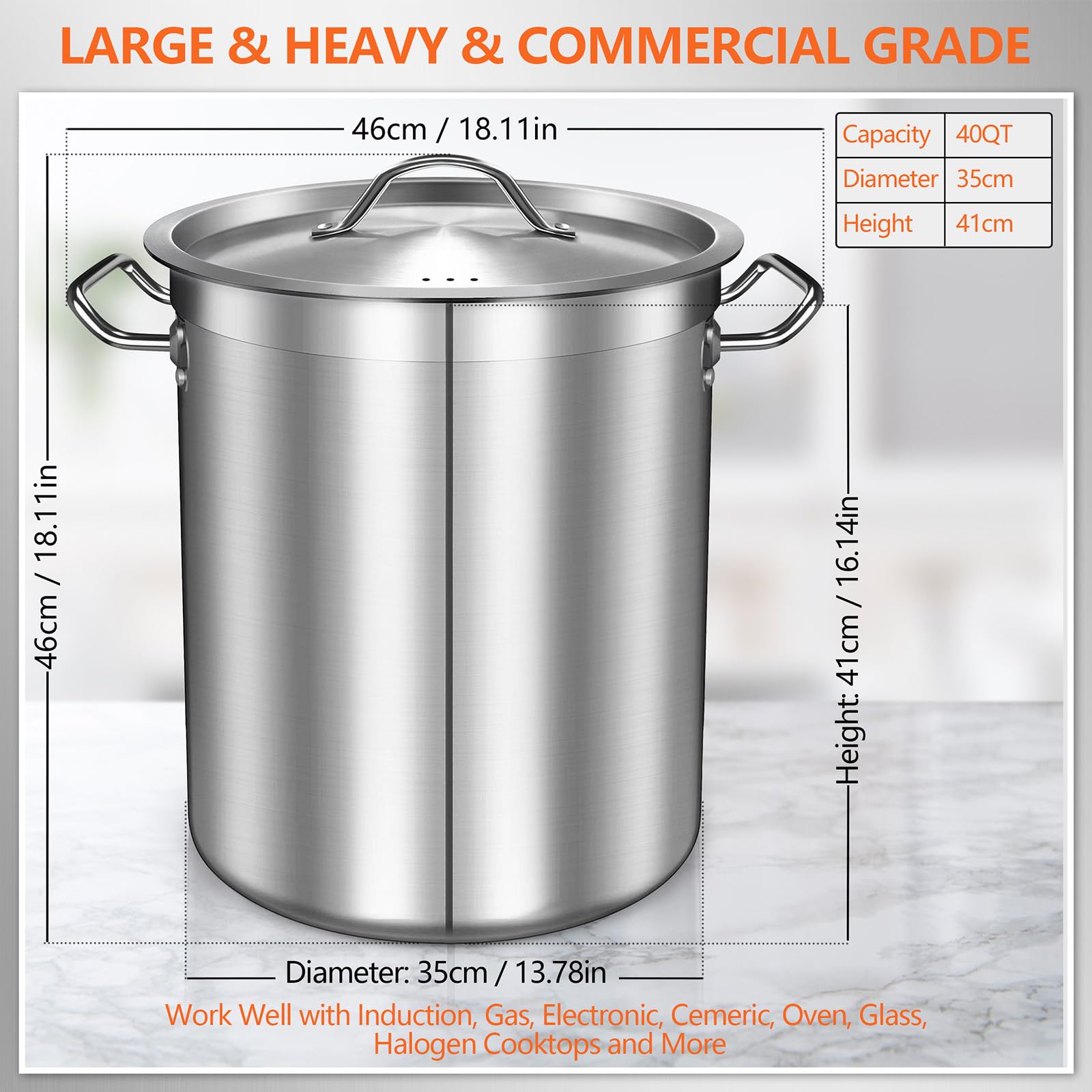 40 Quart Stainless Steel Stock Pot with Lid - Heavy Duty Large Cooking Pot for Soup, Stew, Pozole & More - Induction Compatible Big Pot for Home & Commercial Kitchens - Perfect for Family Meals, Meal Prep & Catering