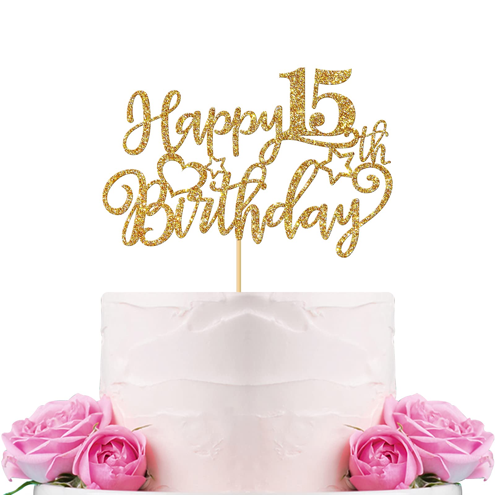 15th Birthday Cake Topper for Teens - Gold Glitter Fifteen Years Old Cake Decorations for Boys & Girls - Perfect for Sweet 16 Parties, Quinceañeras & Milestone Celebrations