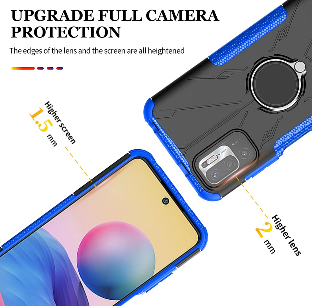 Shockproof Magnetic Kickstand Case for Redmi Note 10 5G/Poco M3 Pro/Redmi Note 10T 5G - Includes Tempered Glass Screen Protector | Perfect for Work, Travel & Everyday Protection (Blue)