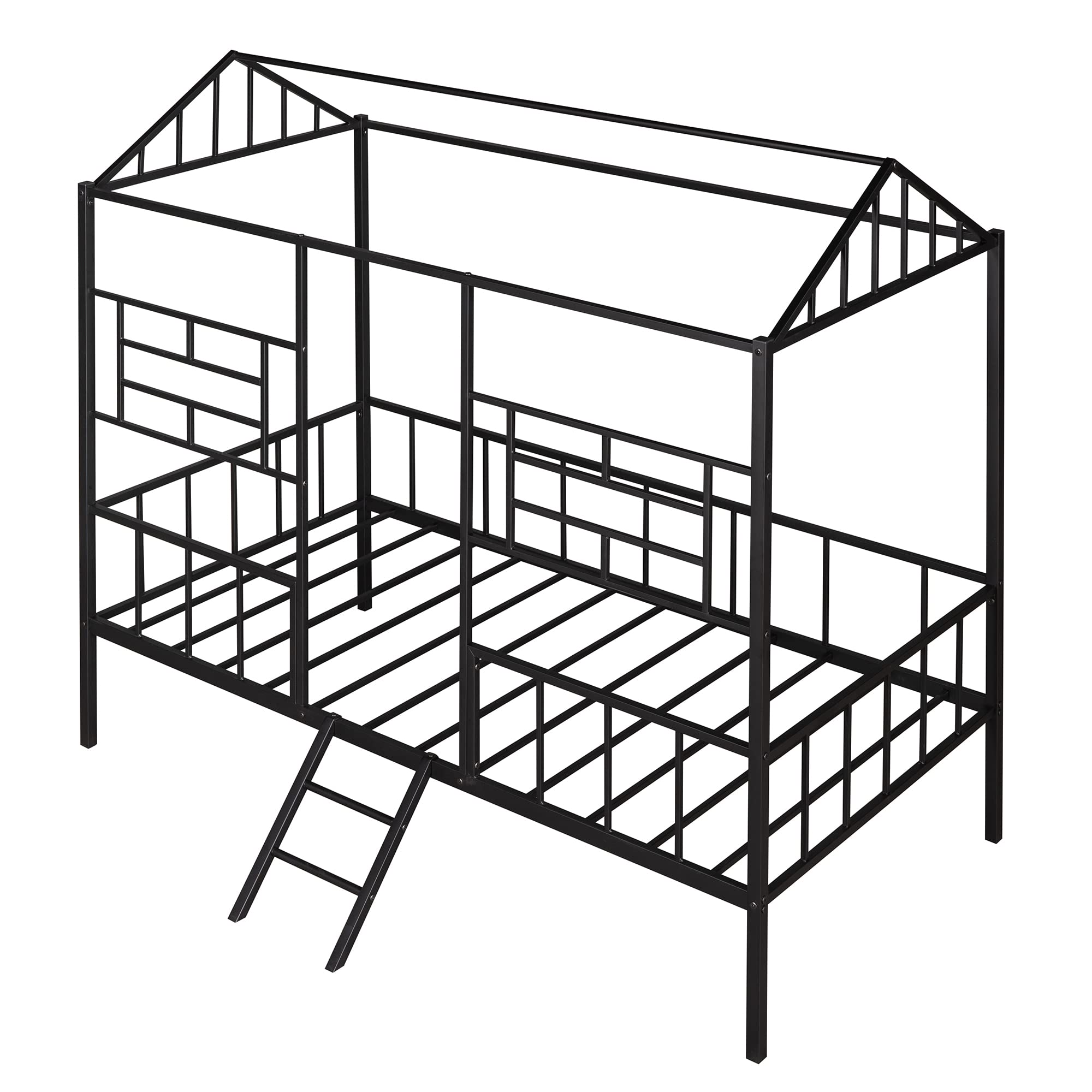 Twin Size Metal House Platform Bed with Roof - Sturdy Slatted Support Frame for Kids, Teens, Boys & Girls - No Box Spring Needed - Black - Perfect for Bedrooms, Playrooms & Cozy Reading Nooks