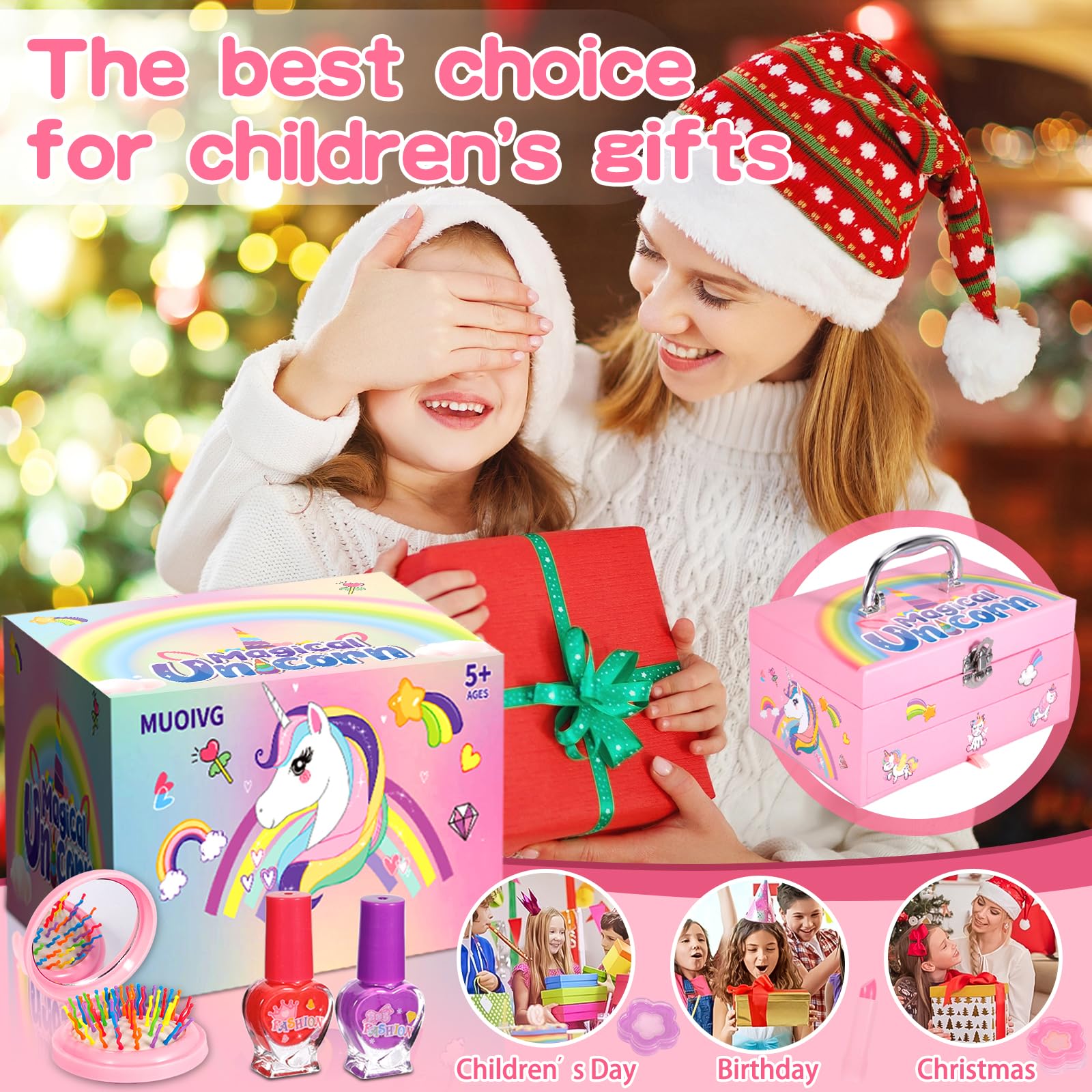 MUOIVG Kids Makeup Kit - 59pcs Washable, Non-Toxic Princess Gift for Girls 5-10 Years - Perfect for Birthday & Dress-Up Play