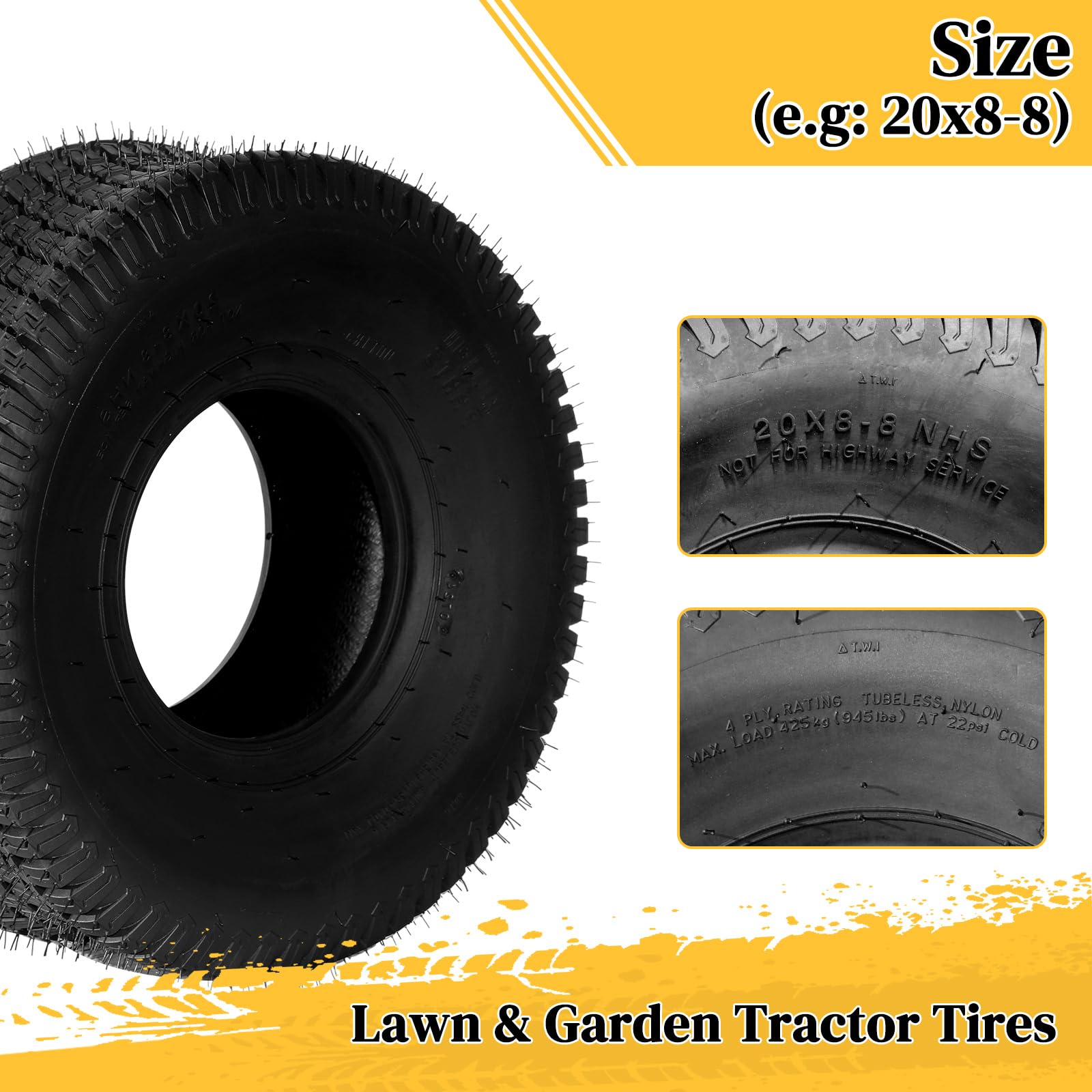 **20x8.00-8 Lawn Mower Tires - 4 Ply Tubeless Garden Tractor Turf Tires (Set of 2) - Perfect for Lawn Care, Landscaping & Outdoor Maintenance**