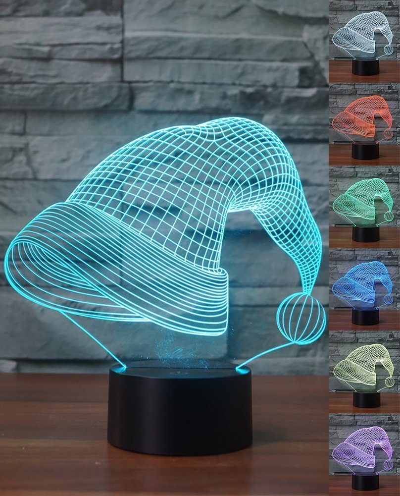 3D Christmas Hat Night Light - Touch Switch LED Table Lamp with 7 Color Changing Modes, Optical Illusion Decor for Home, Desk, Kids Room - Perfect for Xmas, Birthday Gifts & Holiday Decorations