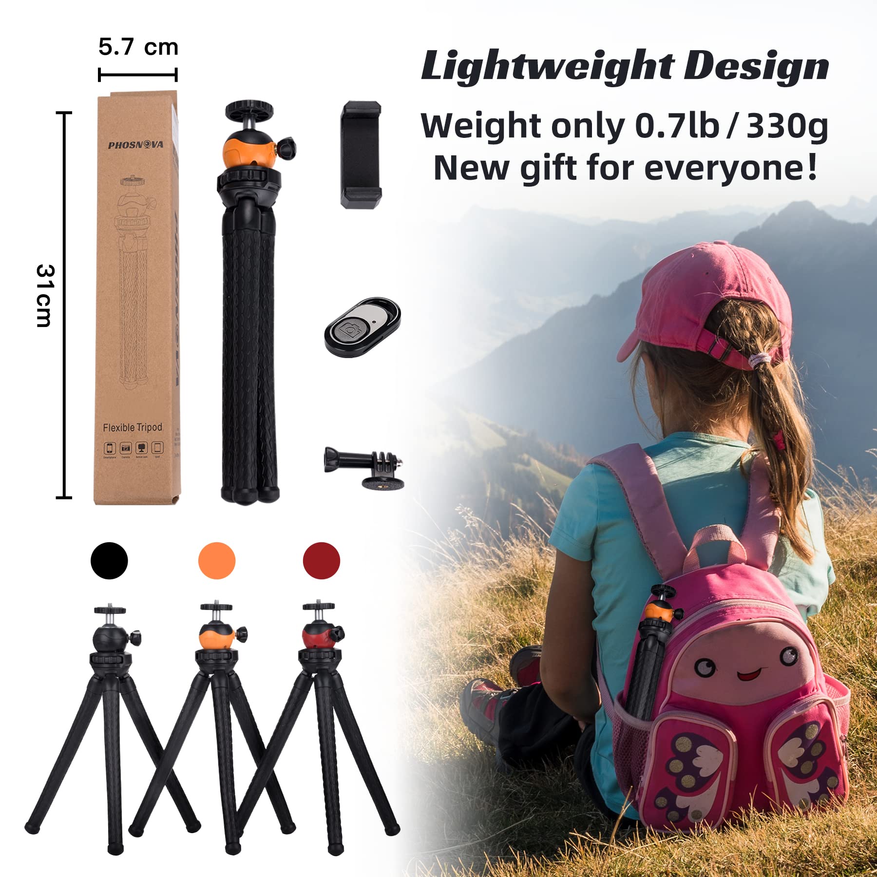 Portable Flexible Cell Phone Tripod Stand with Wireless Remote - 360° Adjustable Mini Tripod for iPhone, Android, GoPro, iPad & DSLR Cameras - Perfect for Vlogging, Live Streaming & Photography (Orange)