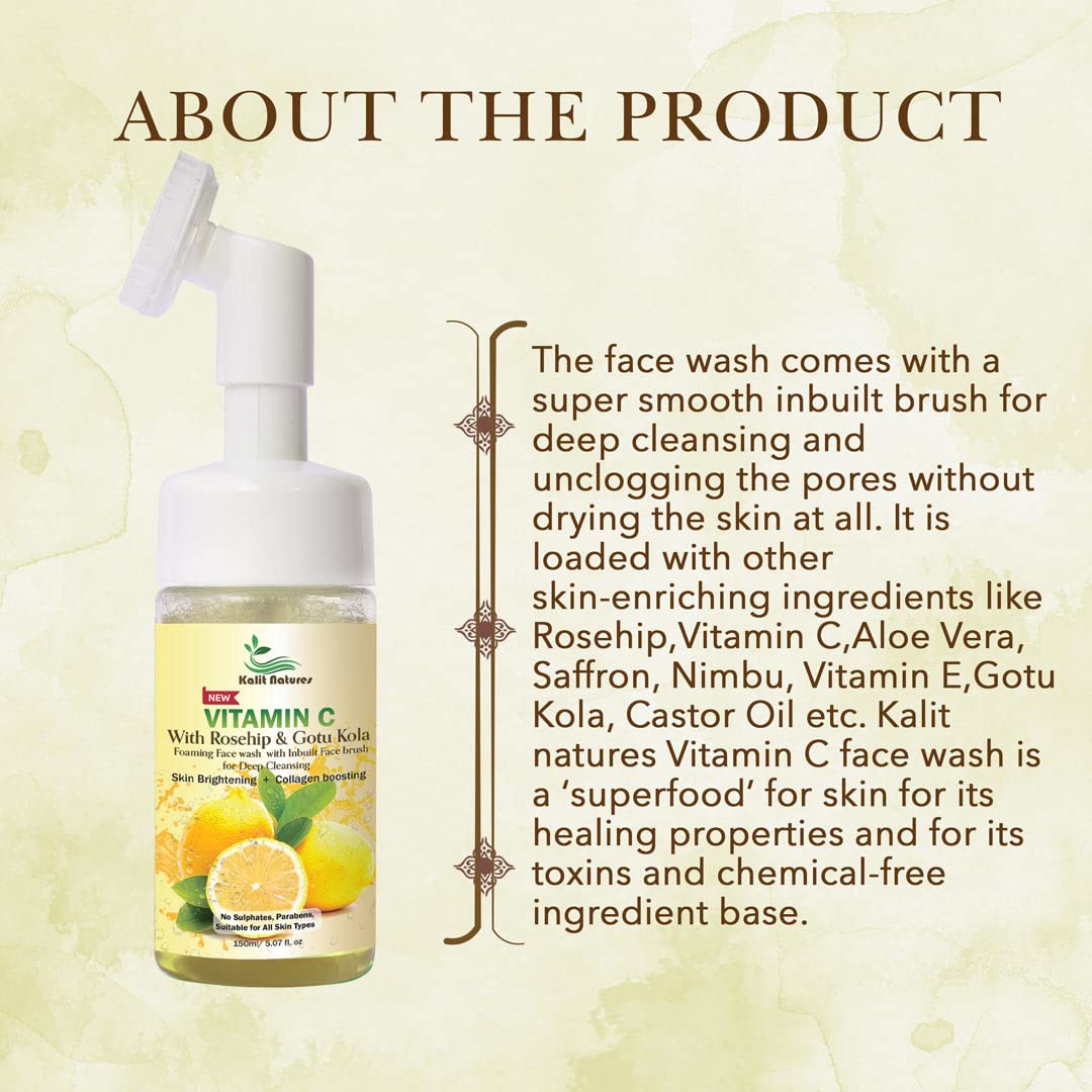 Kalit Natures Vitamin C Foaming Face Wash with Rosehip & Gotu Kola - Skin Brightening & Collagen Boosting Cleanser (150ml) for Glowing Complexion | Perfect for Daily Skincare Routine & Anti-Aging Regimen