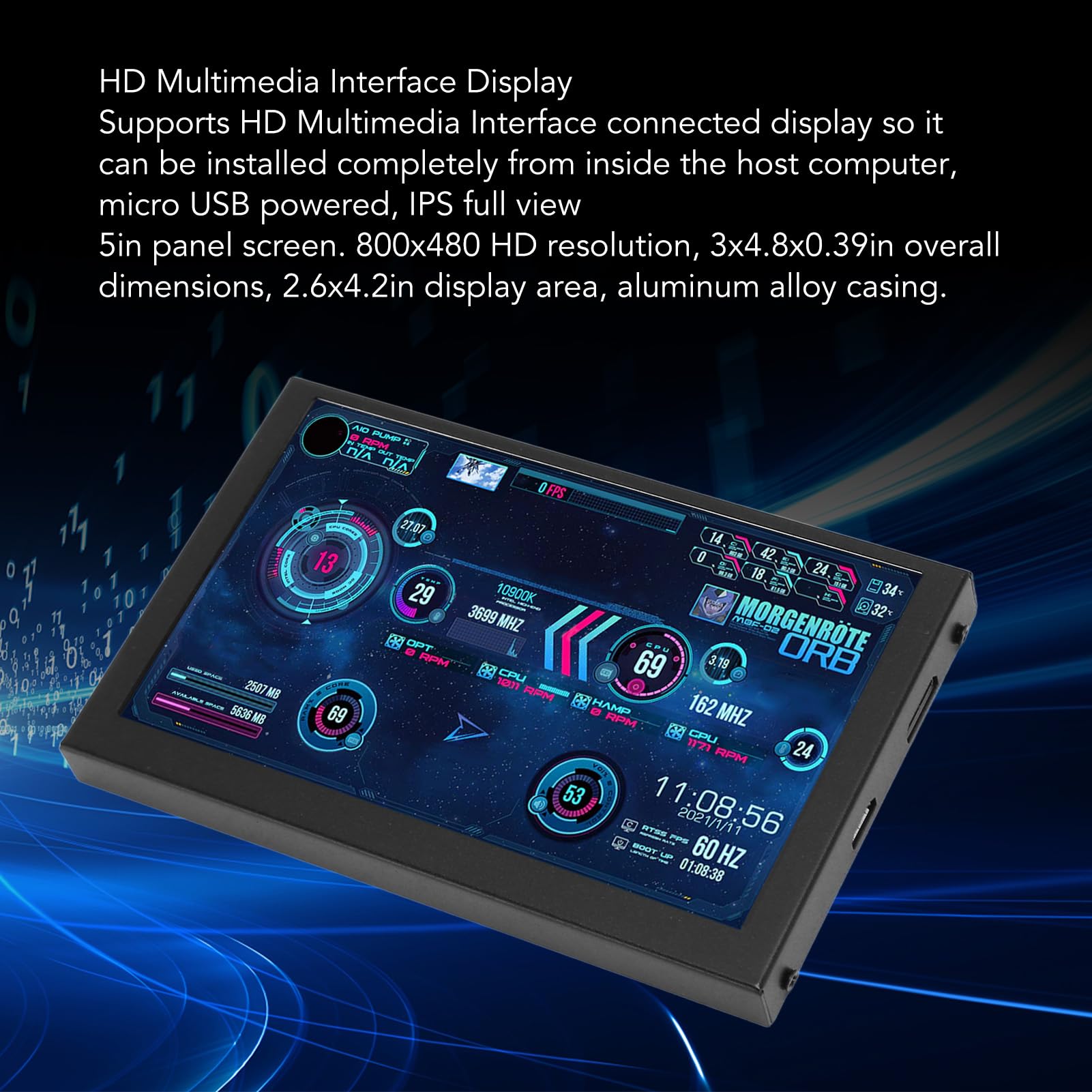 Annadue 5 Inch PC Temperature Monitor - Mini Secondary Display for CPU, RAM & HDD Data with Customizable Themes | DIY Computer Case Sensor Panel for Gaming Rigs & Workstations | Perfect for PC Builds, Overclocking & System Monitoring