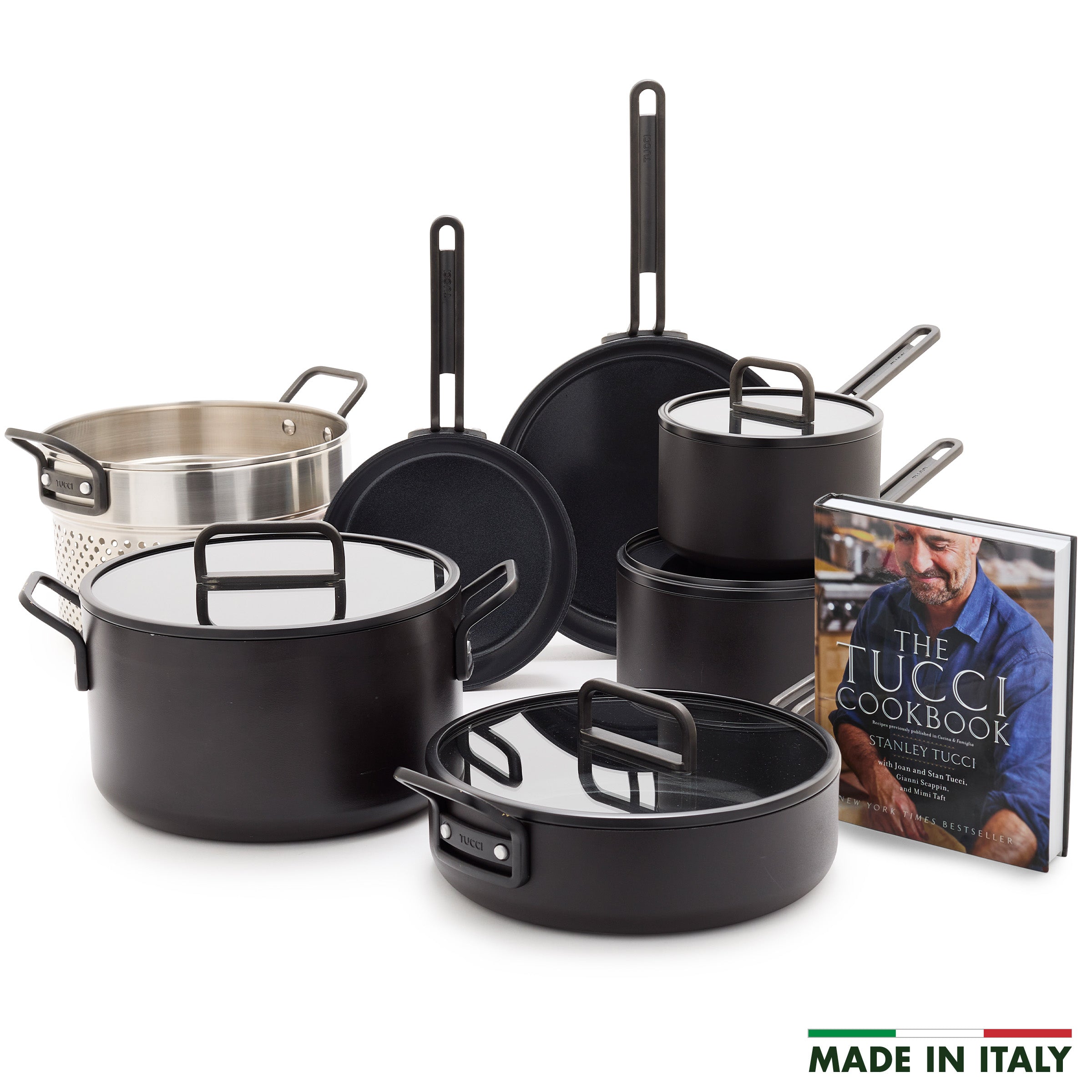 Stanley Tucci™ Milano Black 11-Piece Ceramic Nonstick Cookware Set with Free Tucci Cookbook | Durable & Eco-Friendly Pots & Pans for Everyday Cooking, Baking & Entertaining