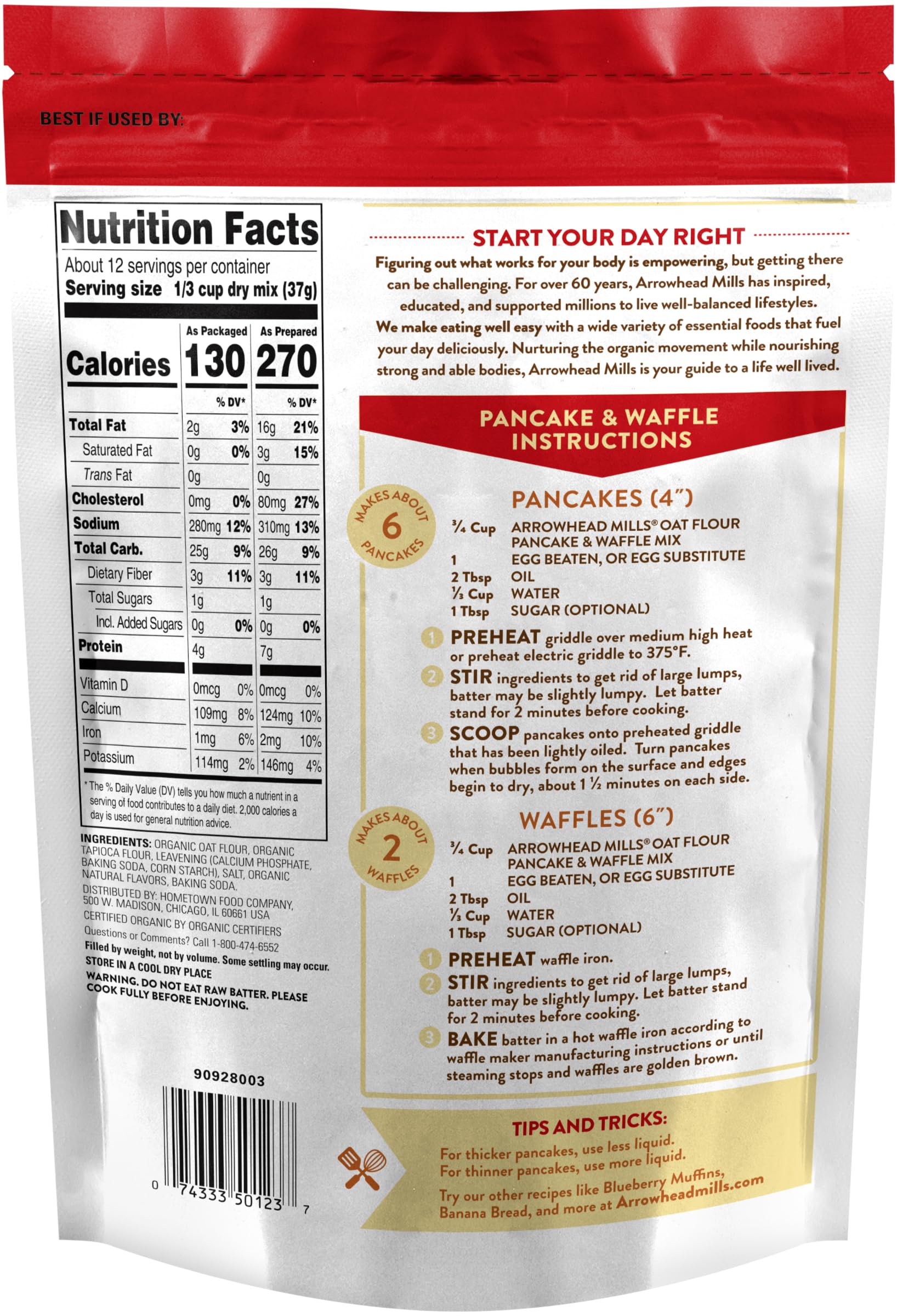 Organic Arrowhead Mills Oat Flour Pancake & Waffle Mix - 16oz (453g) Gluten-Free Breakfast Mix | Perfect for Fluffy Pancakes, Crispy Waffles & Healthy Family Breakfasts