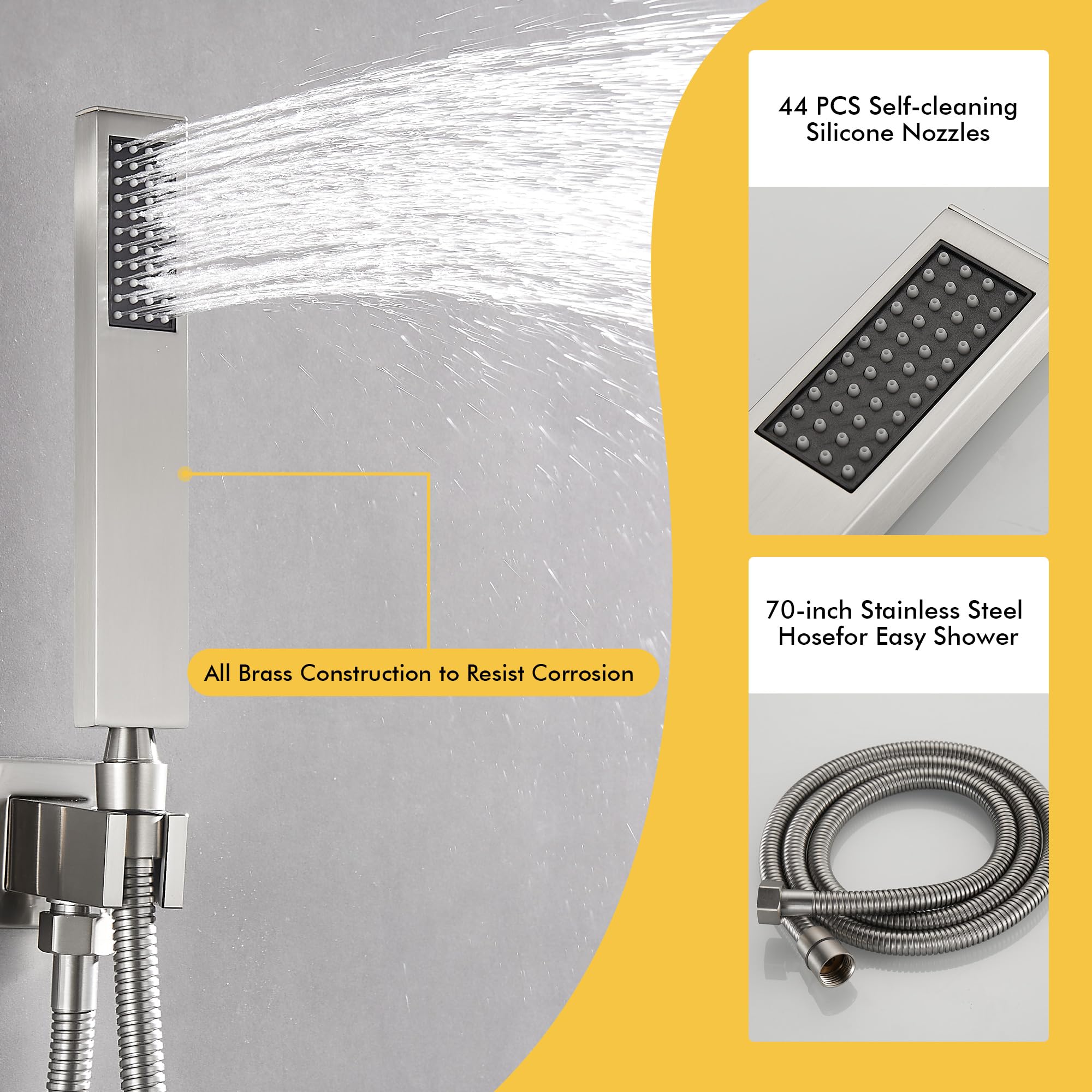 Fransiton 12 Inch Brushed Nickel Wall Mounted Rainfall Shower System Set with Handheld Shower Head - Complete Bathroom Shower Kit Including Valve for Luxurious Spa Experience at Home