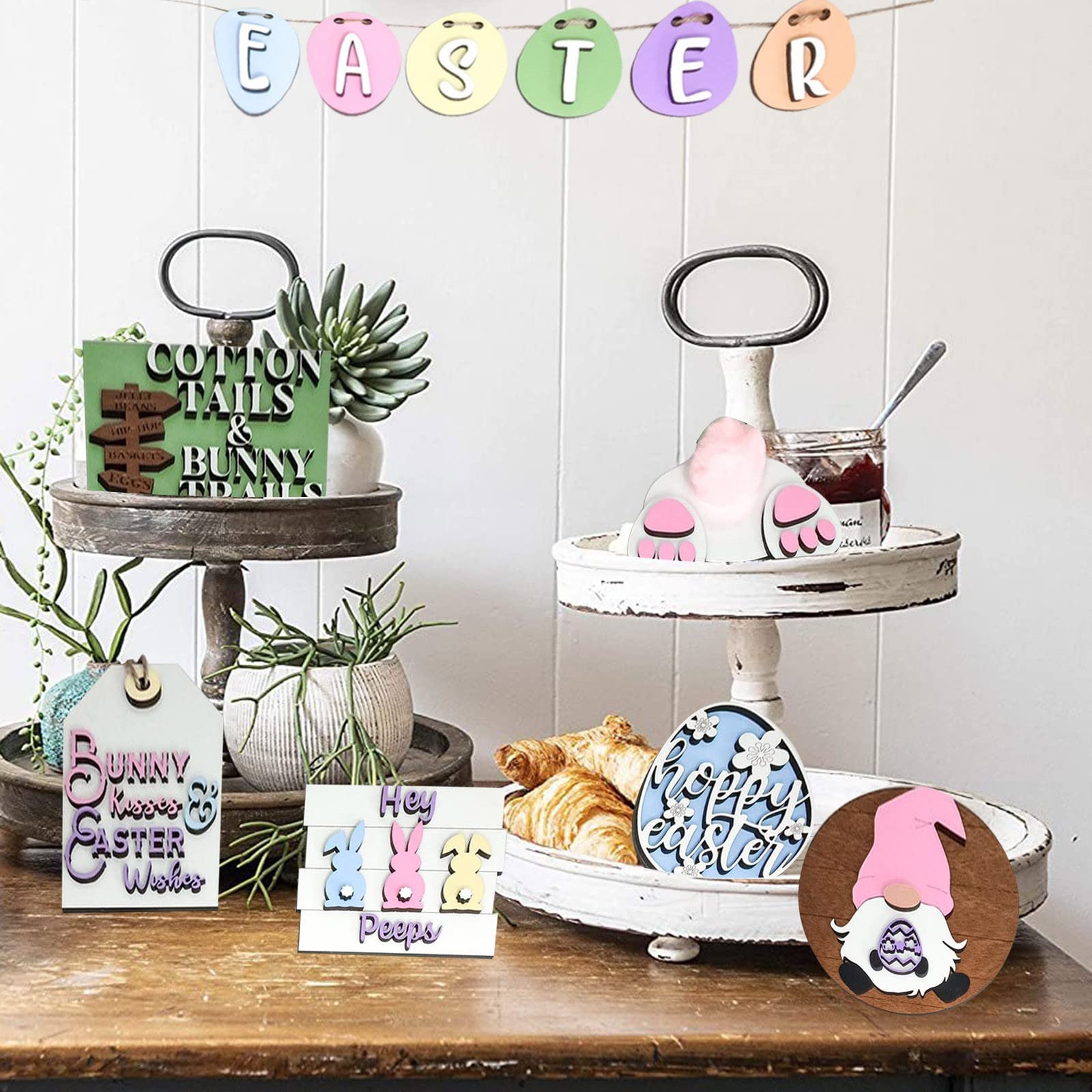 3D Mini Wooden Bunny Signs Easter Tiered Tray Decor - Rustic Wooden Easter Decorations for Home, Office & Party - Perfect for Spring Table Centerpiece, Easter Basket Fillers & Holiday Home Decor