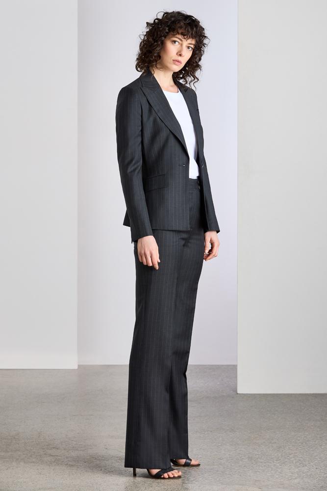 Stylish Scarlet Pant Suit - Premium Charcoal Pinstripe Wool Blazer & Trousers Set for Women | Perfect for Office Wear, Business Meetings & Formal Events