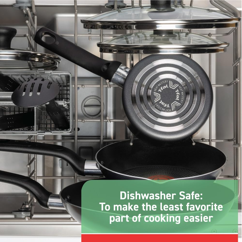 T-fal 18-Piece Nonstick Cookware Set - Oven & Broiler Safe to 350°F - Black Kitchen Pots & Pans Set with Fry Pans, Saucepans, Stockpots, Skillet, Cooking Utensils & Lids - Dishwasher Safe - Perfect for Family Cooking, Meal Prep & Entertaining