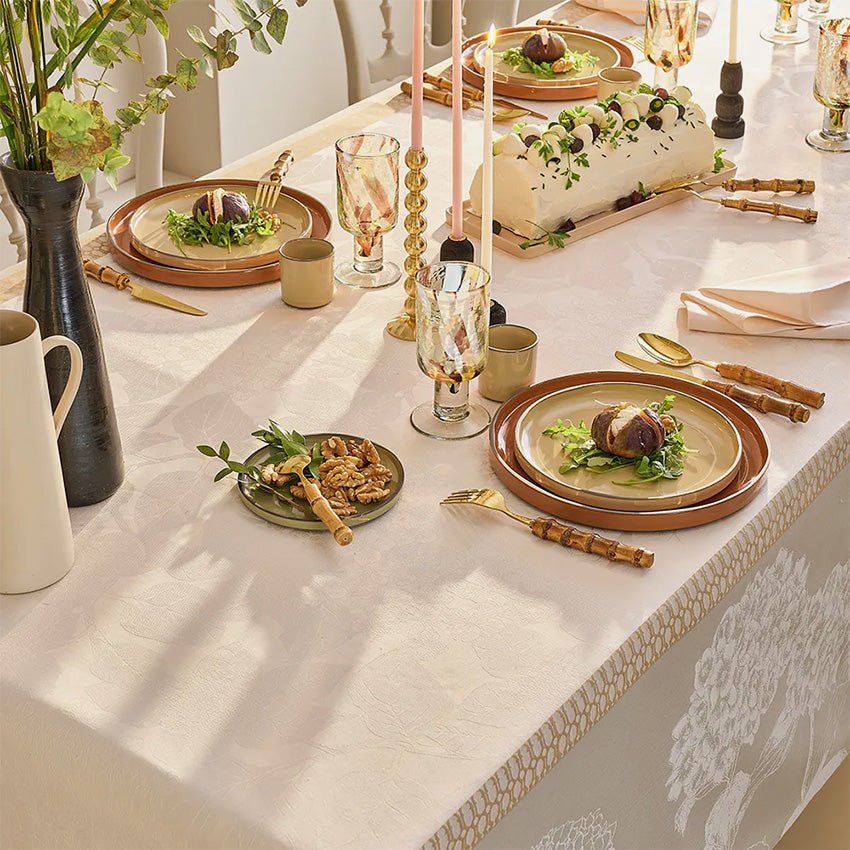 Garnier Thiebaut Mille Hortensias Natural Tablecloth - Elegant Floral Design for Dining Room, Kitchen, and Outdoor Picnics