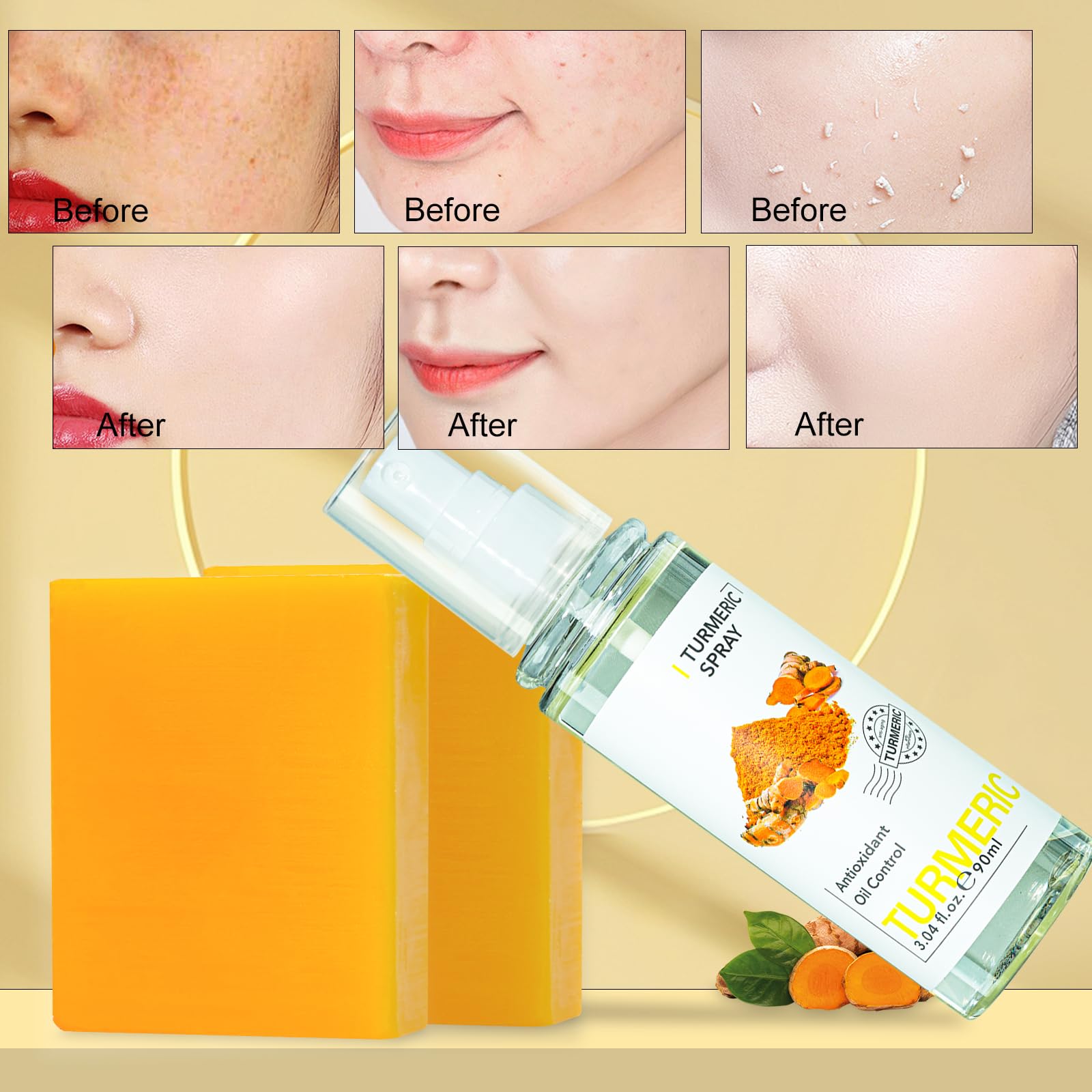 Organic Turmeric Soap Bar & Facial Mist Set - 2PCS Vitamin C Enriched Lemon Turmeric Soap for Face & Body + 1PC Antibacterial Turmeric Face Spray | Natural Skincare, Acne Treatment, Brightening & Hydration | Perfect for Daily Cleansing, Travel & Gift Giving