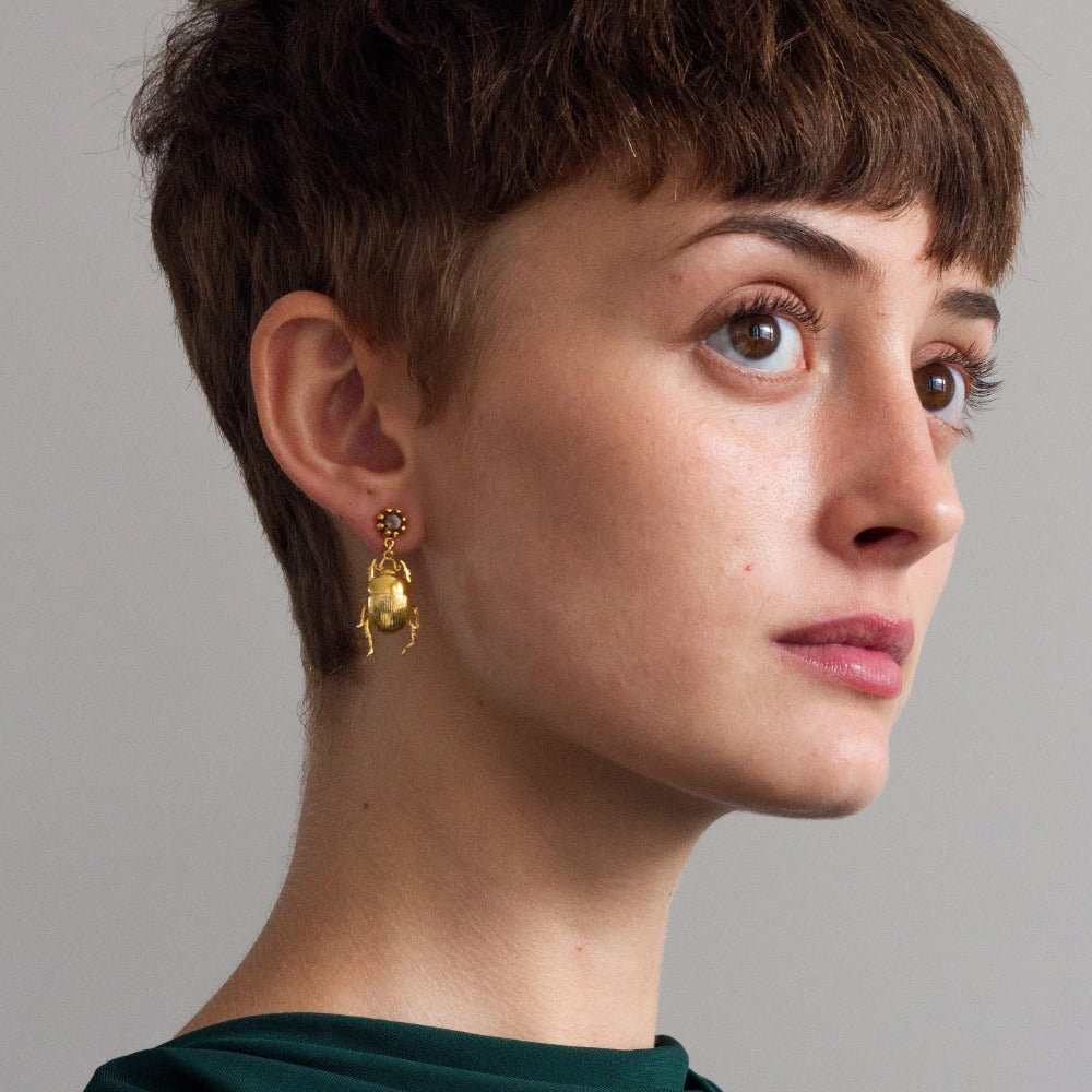 D'or Beetle & Smoky Quartz Drop Earrings for Women - Handmade Bohemian Jewelry - Perfect for Parties, Weddings & Special Occasions