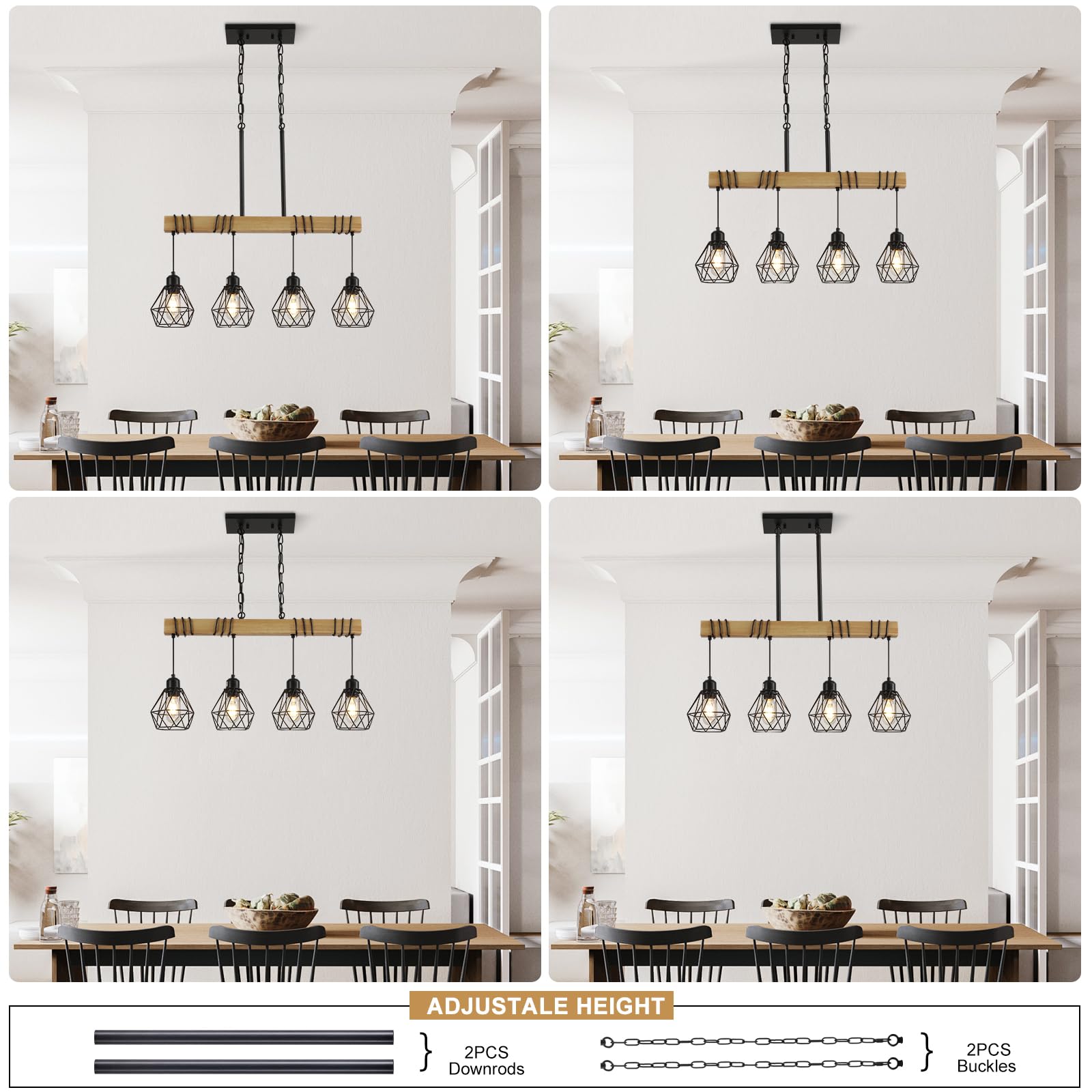 Modern Farmhouse 4-Light Kitchen Island Pendant Light - Black Rustic Wood Linear Chandelier for Dining Room & Table Lighting - Perfect for Farmhouse, Industrial & Rustic Home Decor