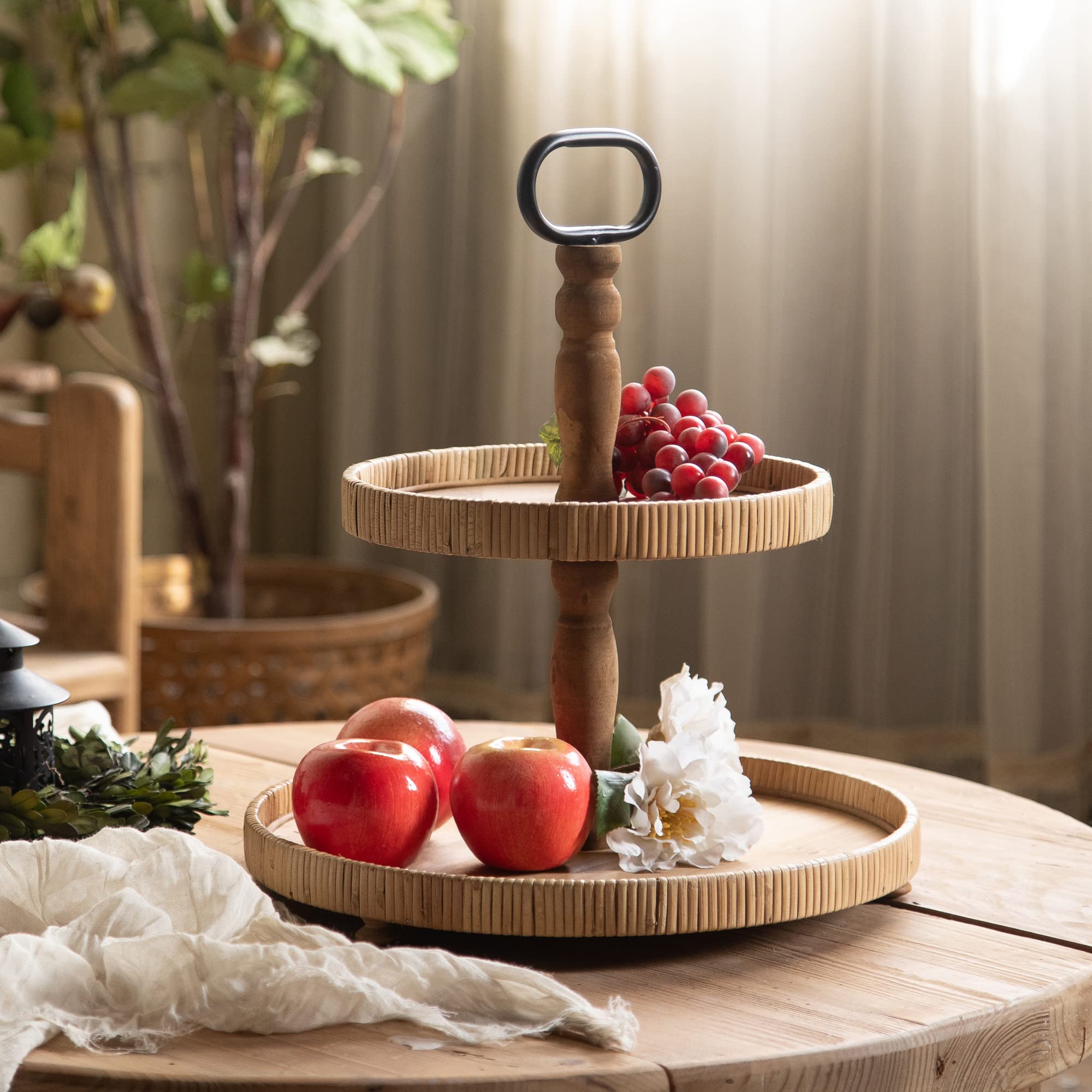 2-Tier Rustic Farmhouse Serving Tray with Metal Handles - Round Wooden Tiered Display Stand for Desserts, Fruits, Snacks, Nuts | Perfect for Kitchen Counter, Dining Table, Coffee Bar & Party Decor (Light Brown)