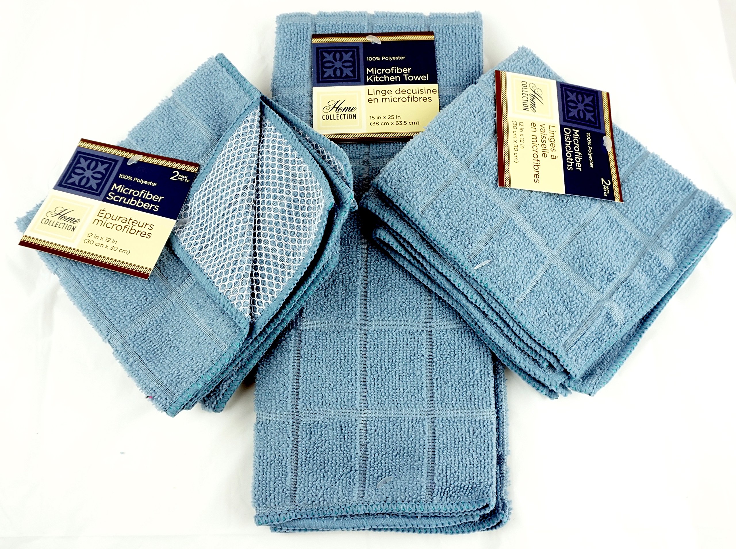 Premium Microfiber Dish Towel Set - 5-Piece Kitchen Cleaning Cloths (1 Towel, 2 Dishcloths, 2 Scrubbers) - Super Absorbent & Durable for Washing Dishes, Countertops & Household Cleaning - Blue Kitchen Accessories