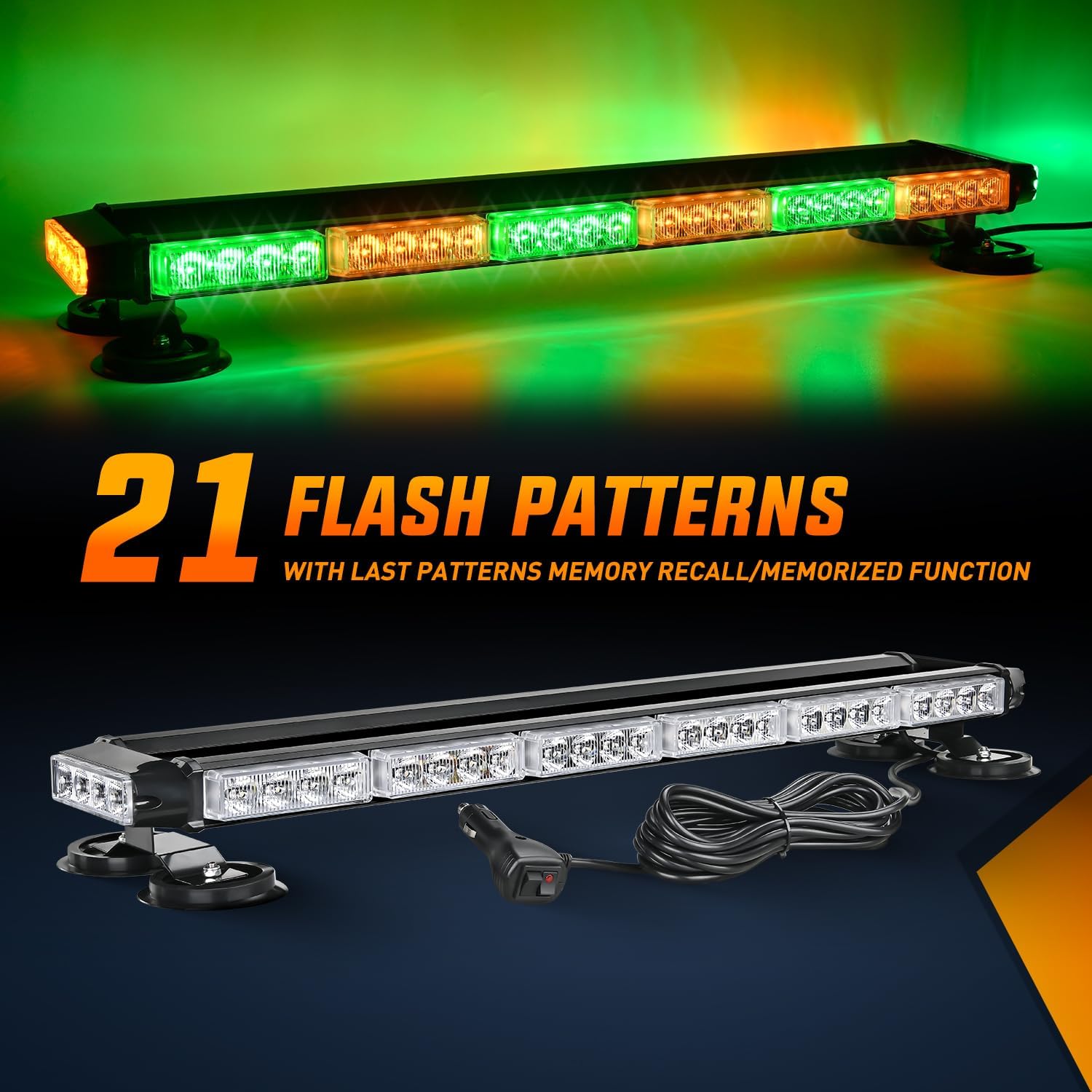 29.5 Inch Amber & Green LED Strobe Light Bar - 56 LED Emergency Warning Light with Magnetic Mount for Trucks, SUVs, Off-Road Vehicles | Hazard, Construction, Roadside Safety, Emergency Vehicle Use