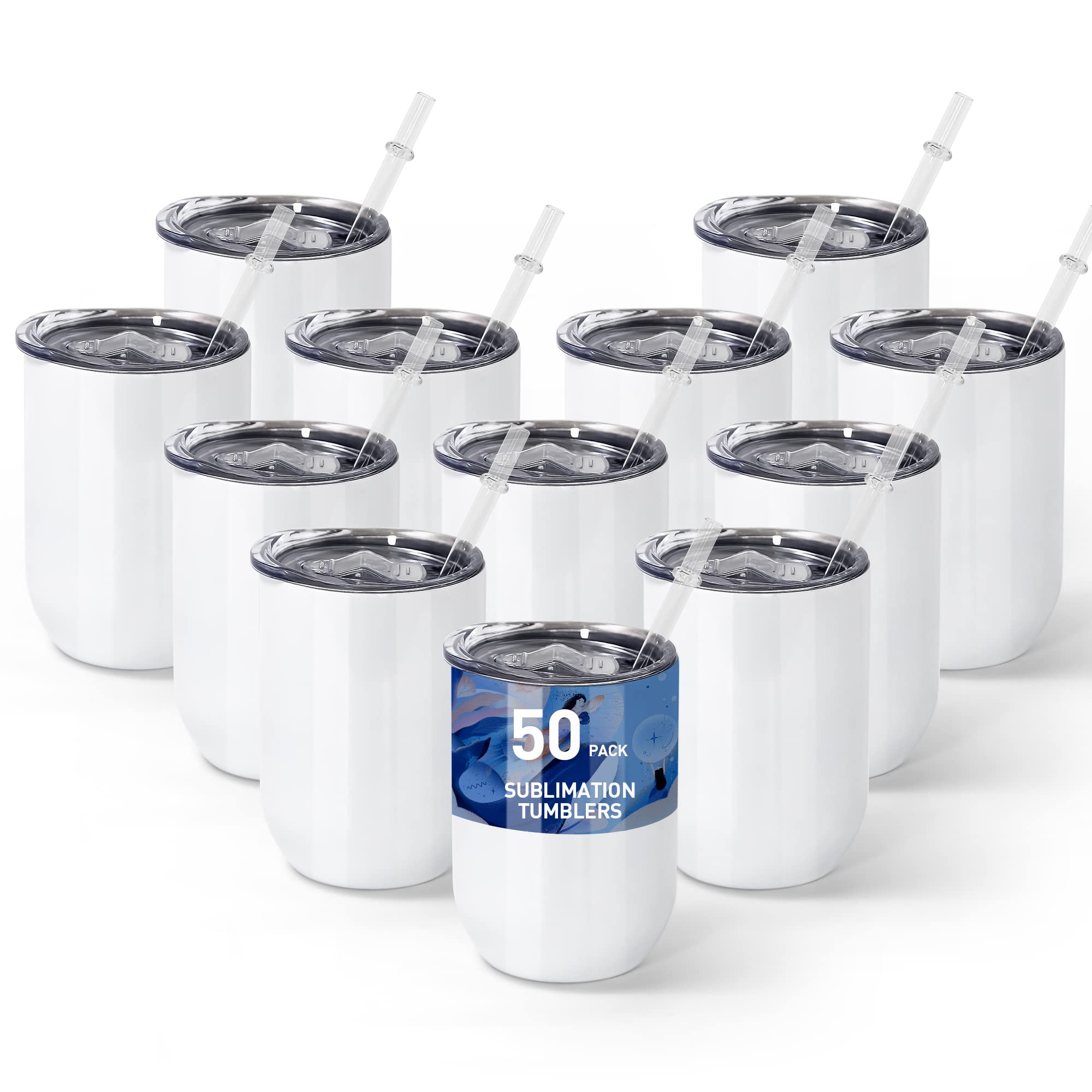 50-Pack AGH 12oz Stainless Steel Sublimation Wine Tumblers with Lids - Insulated Stemless Wine Glasses for Women, Perfect for Parties, Weddings & Personalized Gifts