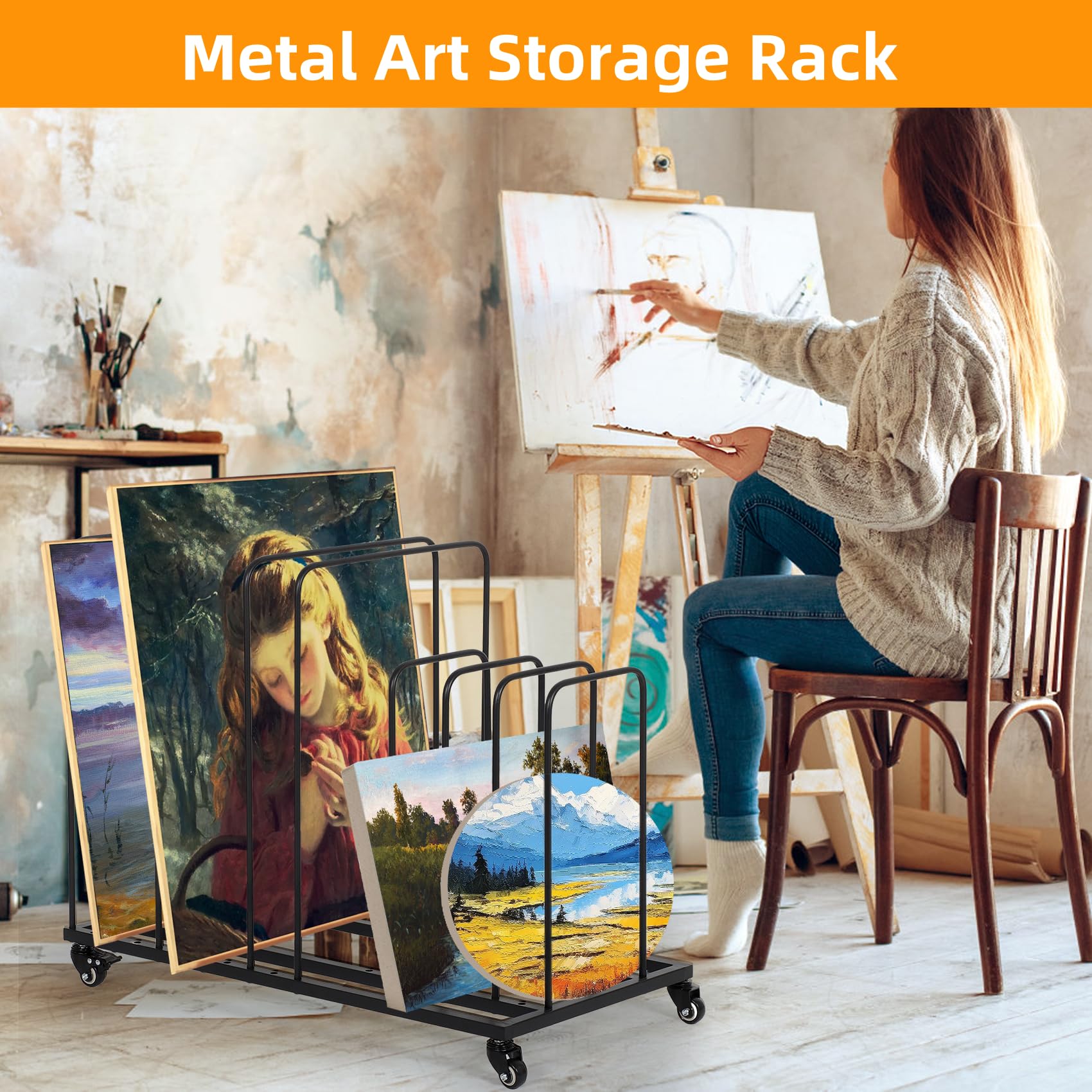 Lukar Adjustable Metal Art Canvas Storage Rack with Wheels - Organizer for Canvas Boards, Drawing Panels, Paper Pads | Perfect for Art Studios, Home Studios & Creative Workspaces