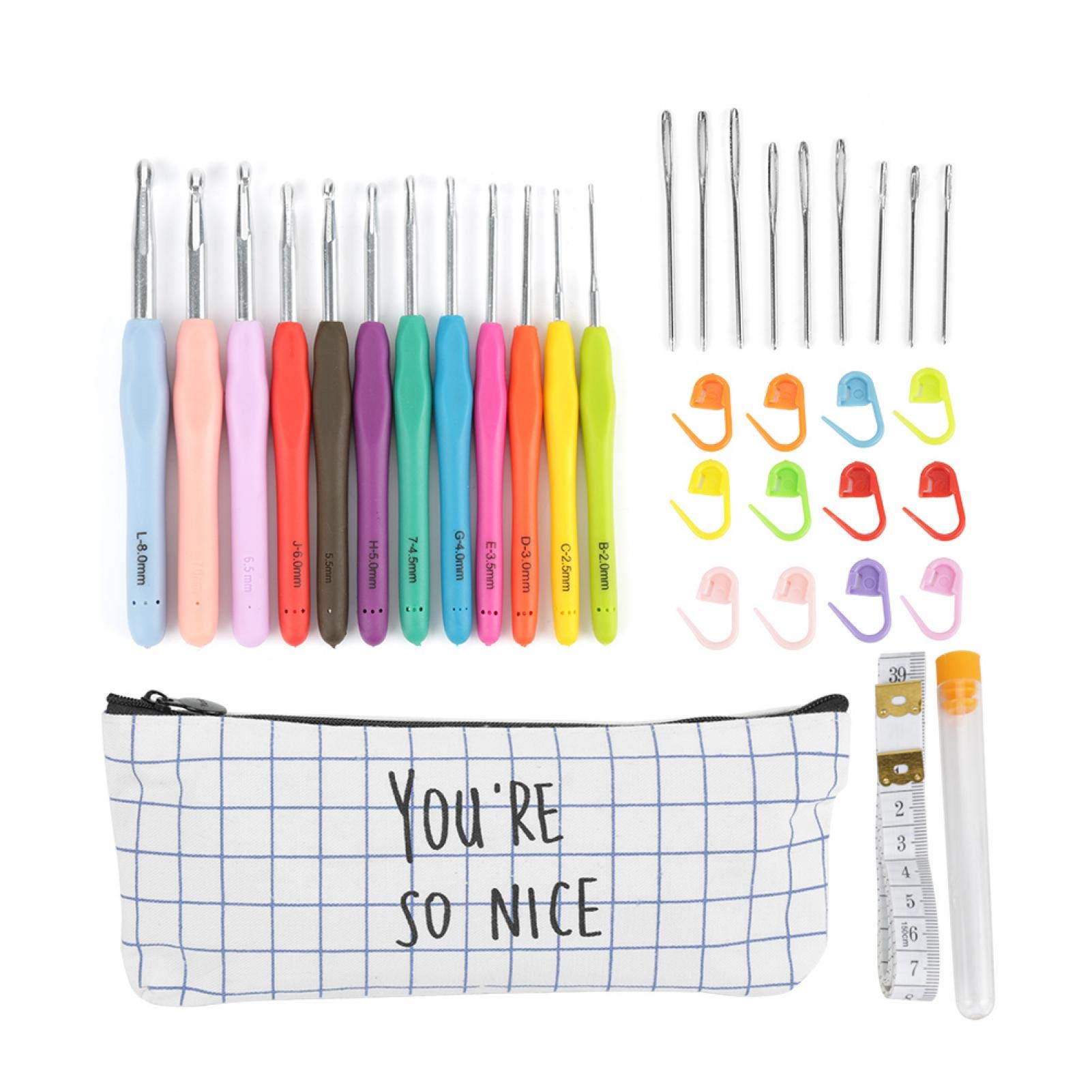 GLOGLOW 12-Piece Colorful Crochet Hooks Set with Plastic Handles - Aluminum Knitting Needles, Yarn Sewing Tools, Storage Bag & Measuring Tape - Perfect for Beginners, DIY Crafts, and Knitting Projects