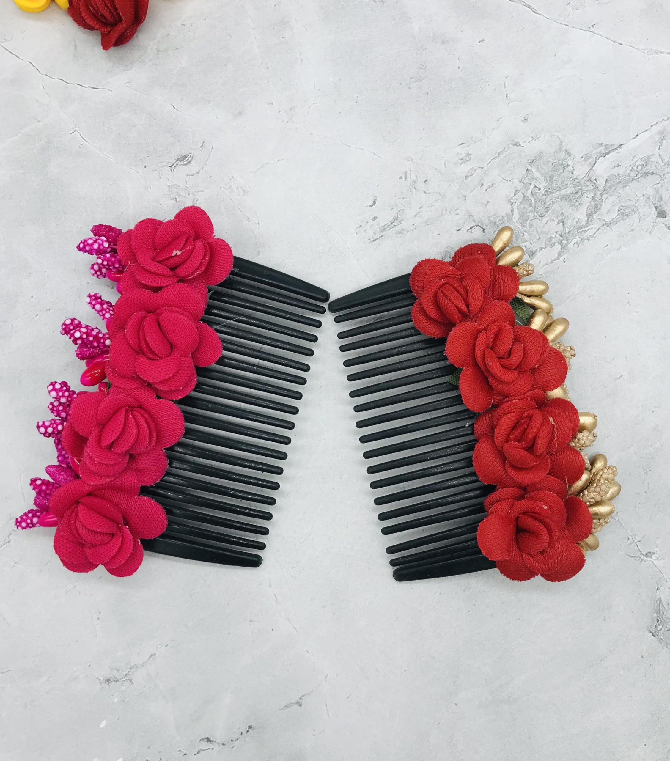 Gadinfashion™ Artificial Flower Hair Side Comb for Women & Girls - Stylish Floral Hair Accessories for Weddings, Parties & Daily Wear (Pack of 2, Rani Pink & Red)